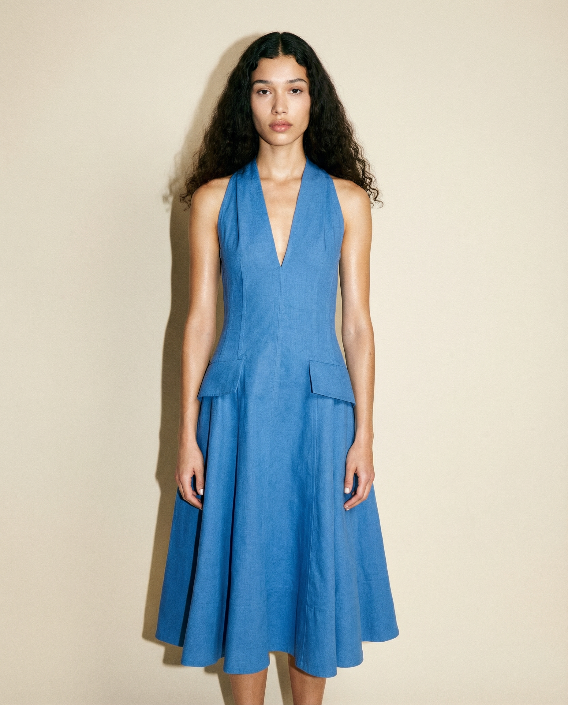 Halter V‑Neck Midi Dress with Flared Skirt