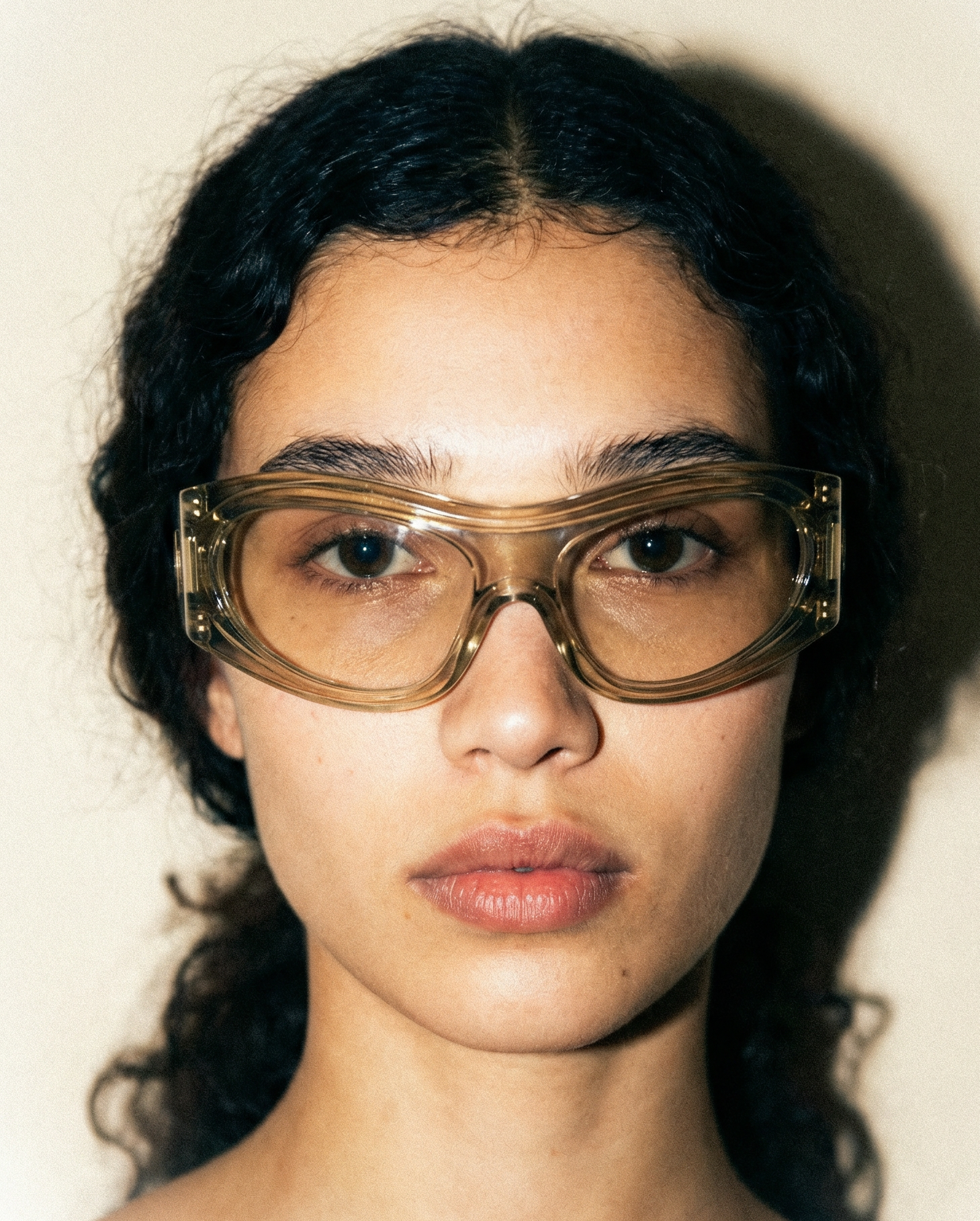 Burberry BE4465 shield sunglasses in champagne transparent frame with oversized geometric shape | designer eyewear