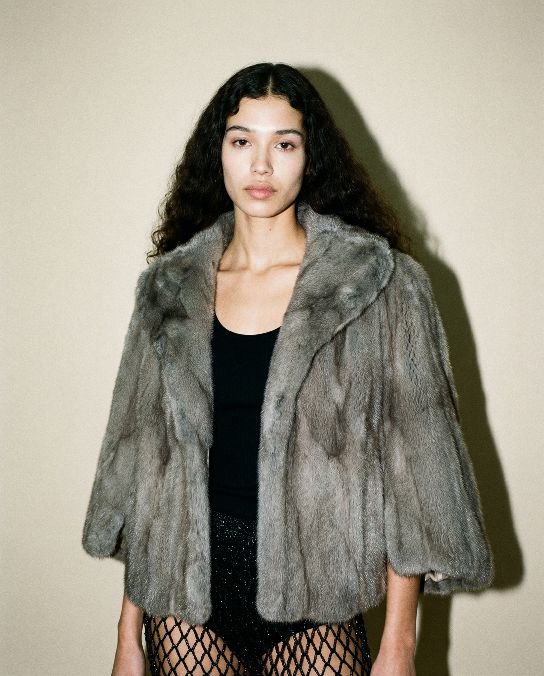 Vintage mink fur bolero jacket in taupe with shawl collar and cropped silhouette Mezzanotte Madrid