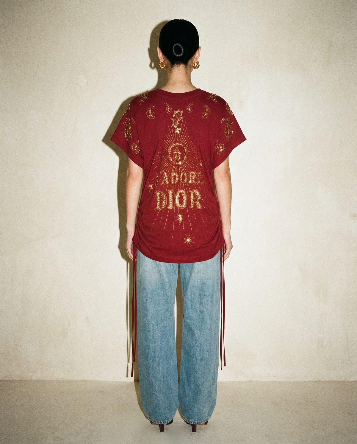 Dior vintage embroidered t shirt with gold paisley motifs and drawstring waist | early 2000s designer top Madrid