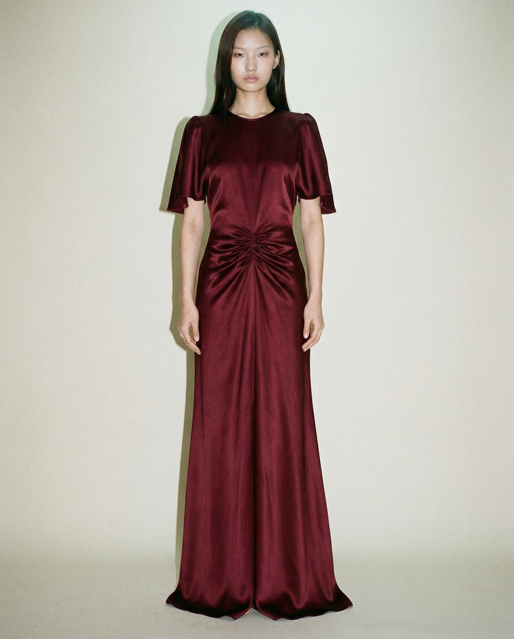 Gathered Waist Satin Gown — Deep Red Draped Silhouette
