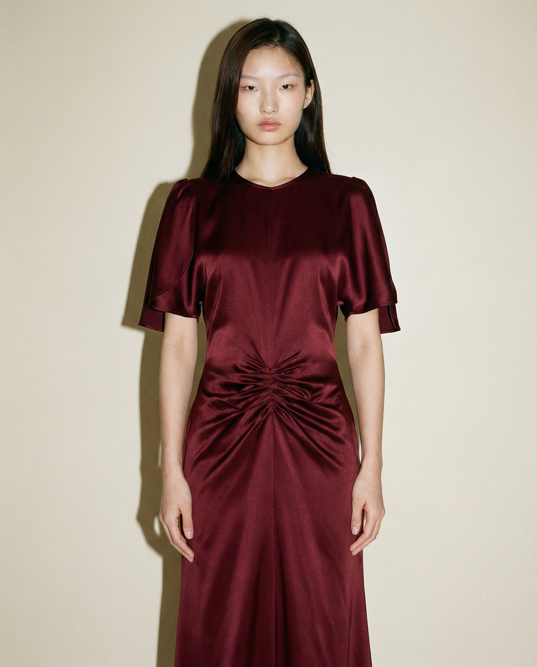 Gathered Waist Satin Gown — Deep Red Draped Silhouette