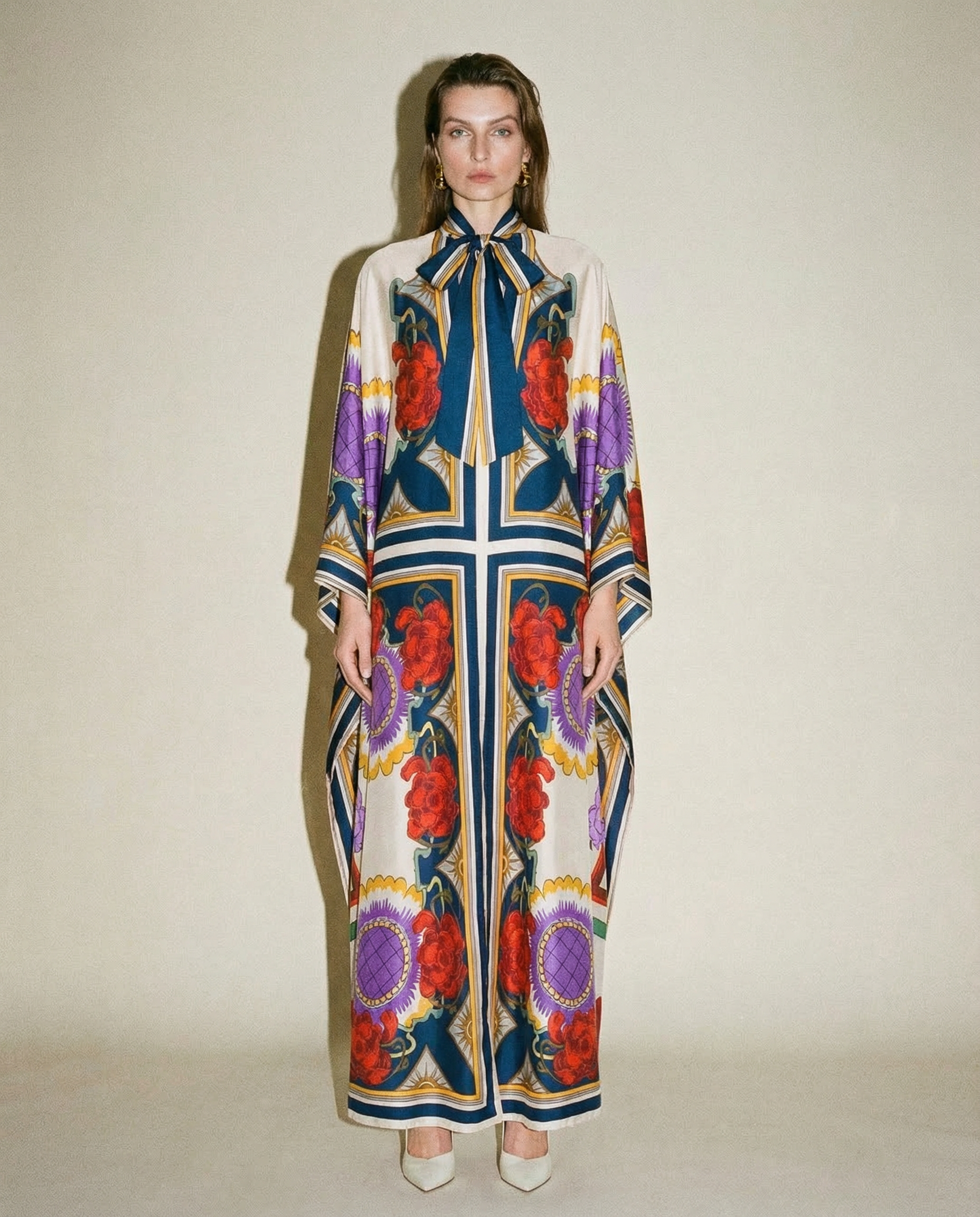 La DoubleJ silk maxi dress with multicolor baroque floral print and bow neckline Mezzanotte Madrid