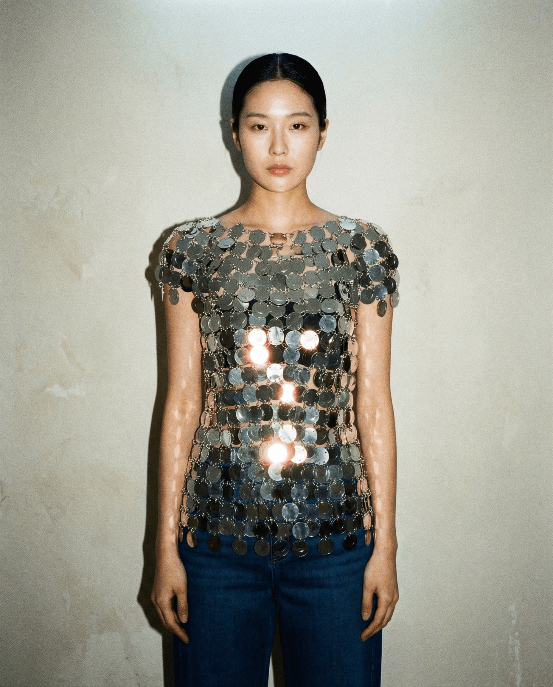 Rabanne metallic disc chainmail top in silver Mezzanotte Madrid
