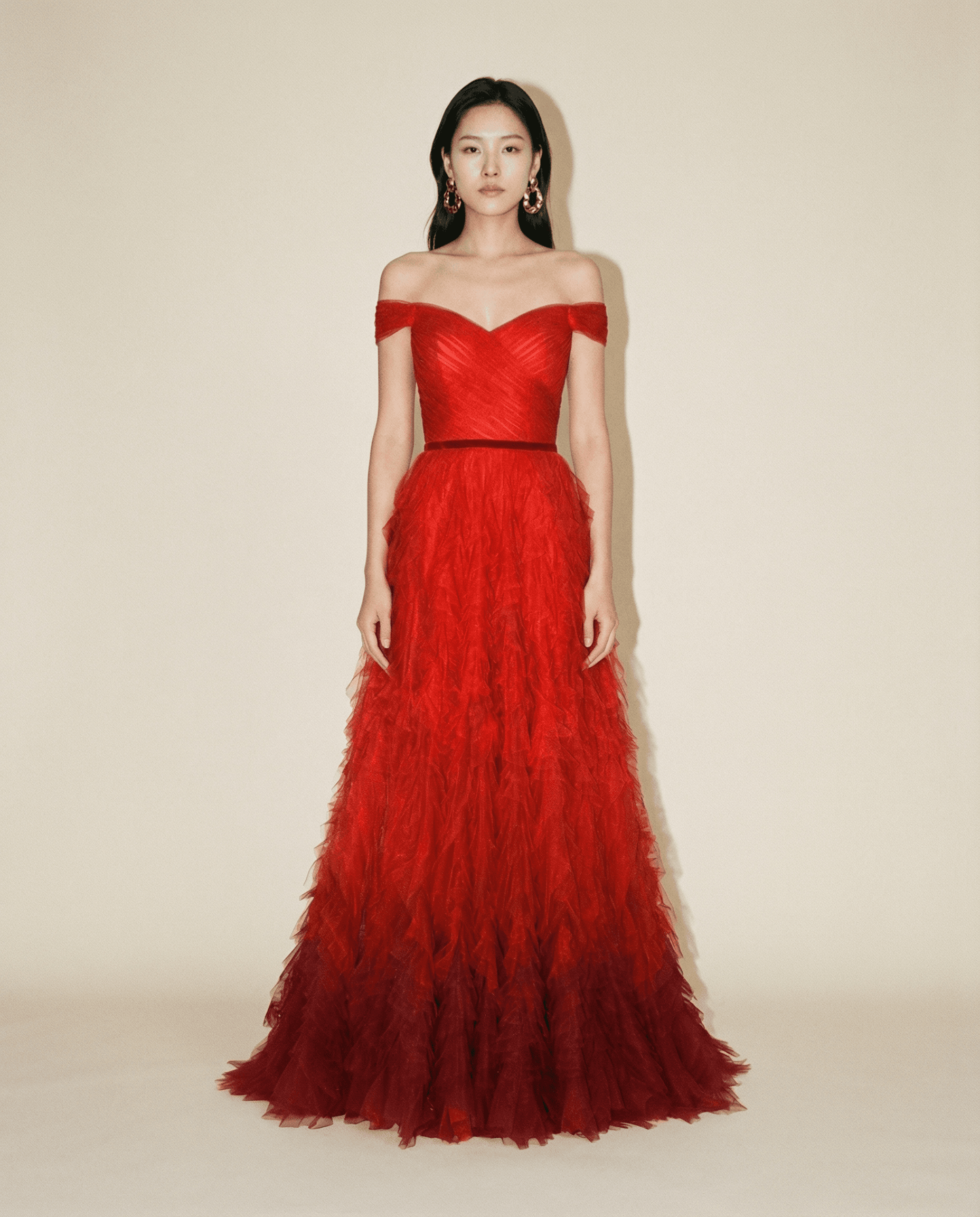 Marchesa Notte red off-shoulder tulle gown with ruffled skirt Mezzanotte Madrid