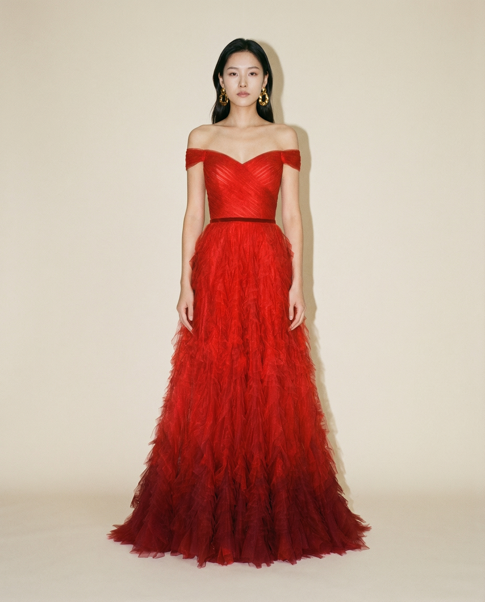 Off‑Shoulder Ruffled Tulle Evening Gown - Era 1990s