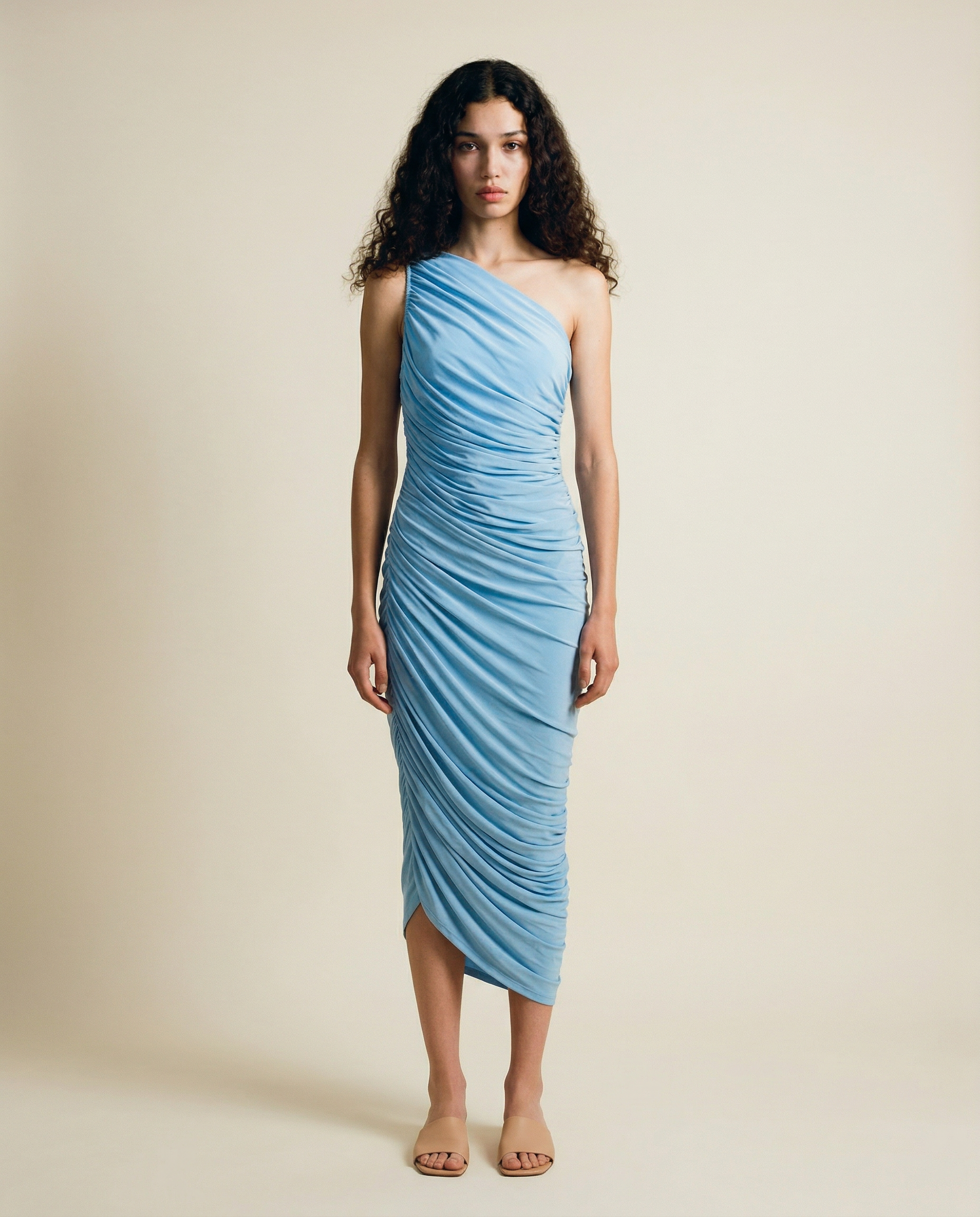 Ruched One‑Shoulder Midi Dress Contemporary