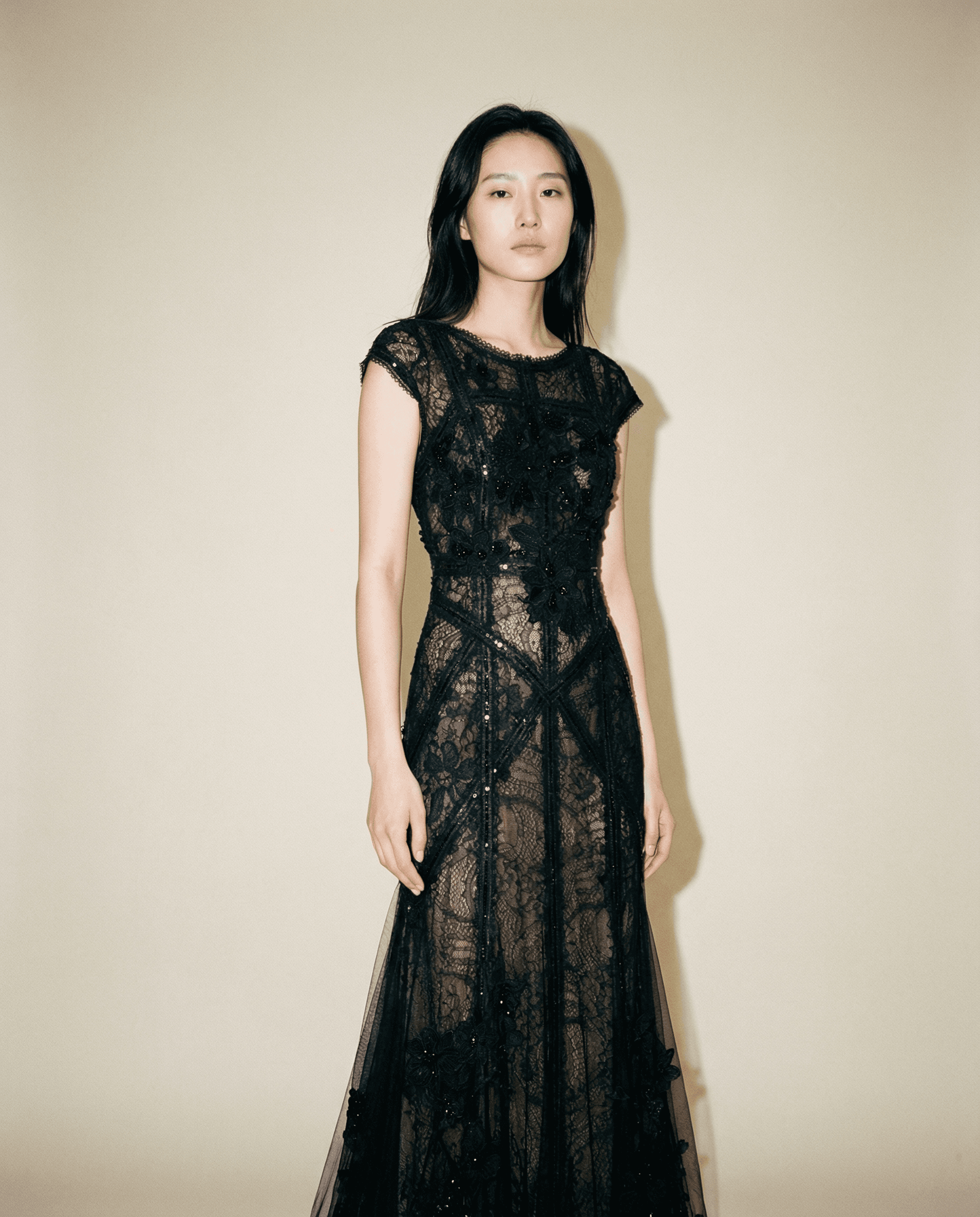 Elie Saab black lace evening gown with sheer panels and nude lining Mezzanotte Madrid