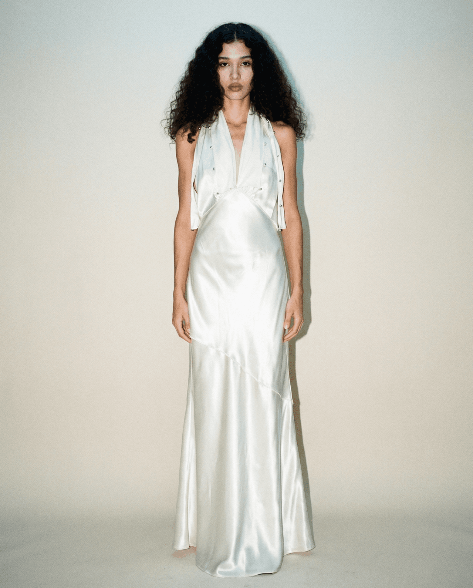 Bottega Veneta halter satin dress with beaded ruffle bodice in pale green Mezzanotte Madrid