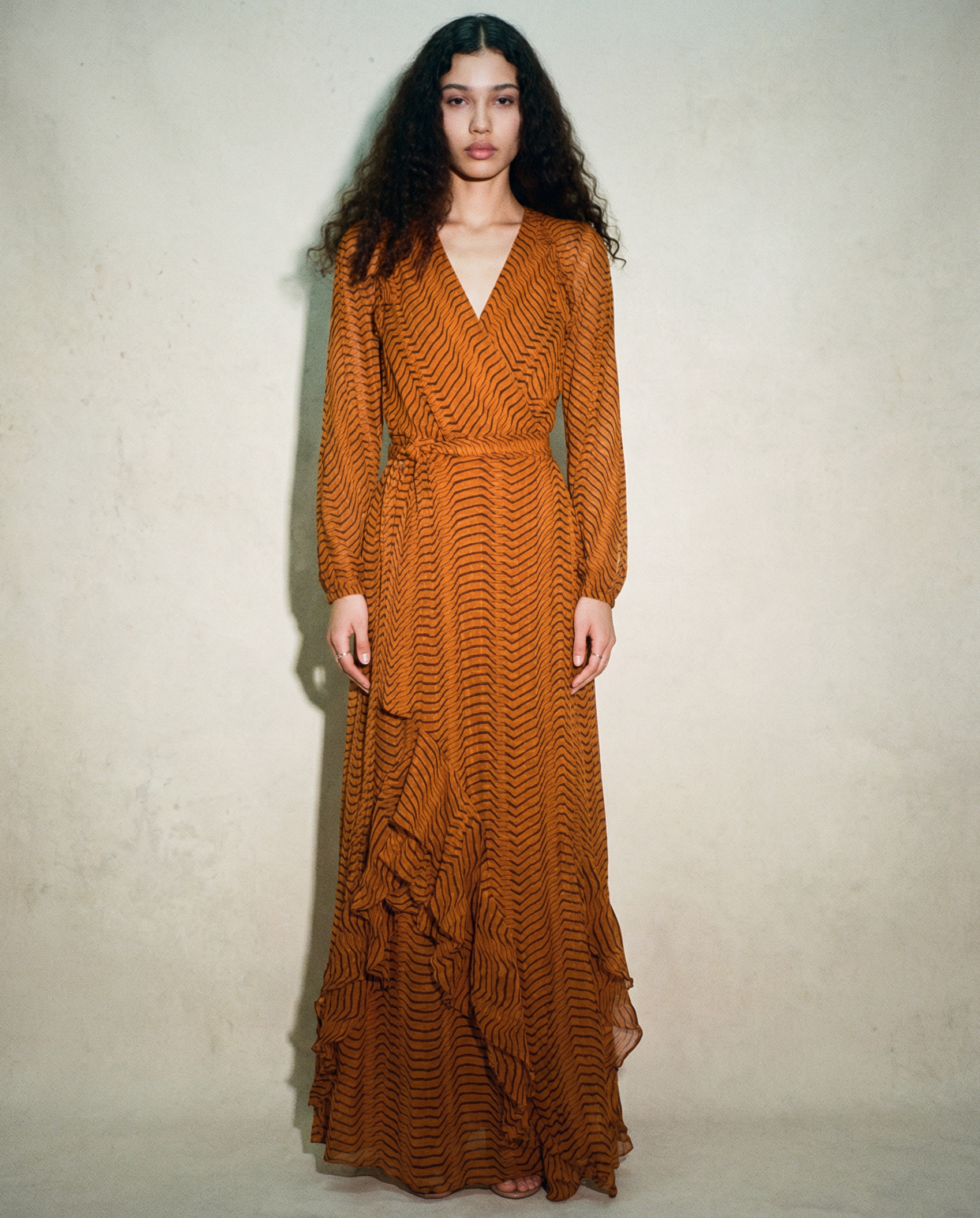 Zebra‑Stripe Wrap Maxi Dress