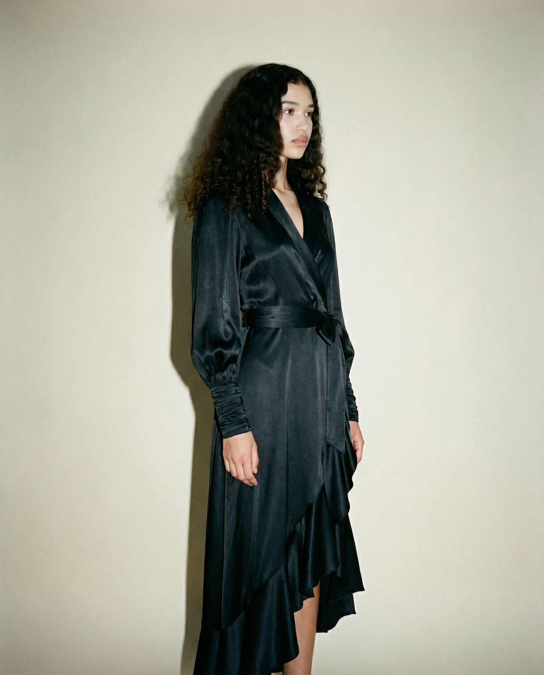 Silk Wrap Midi Dress — Asymmetrical Ruffle Hem