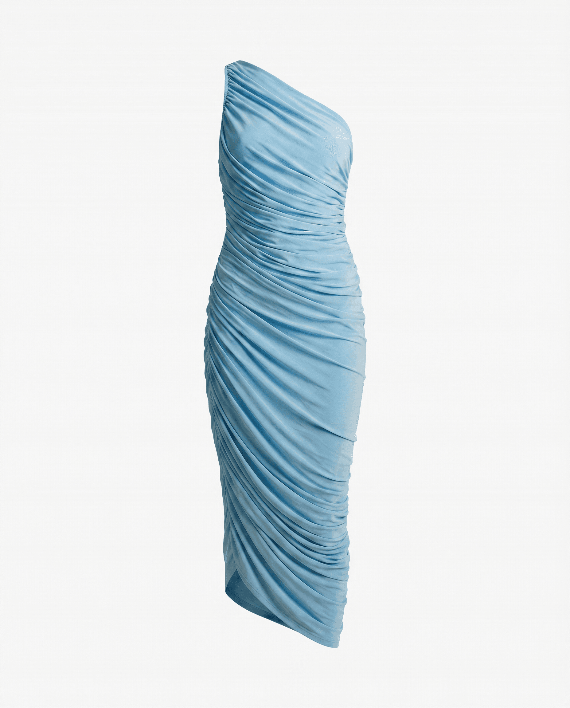 Light blue grecian draped dress with all-over shirring