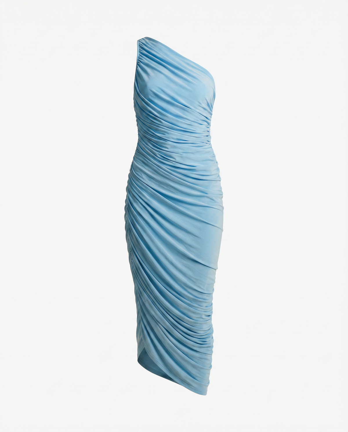 Light blue grecian draped dress with all-over shirring