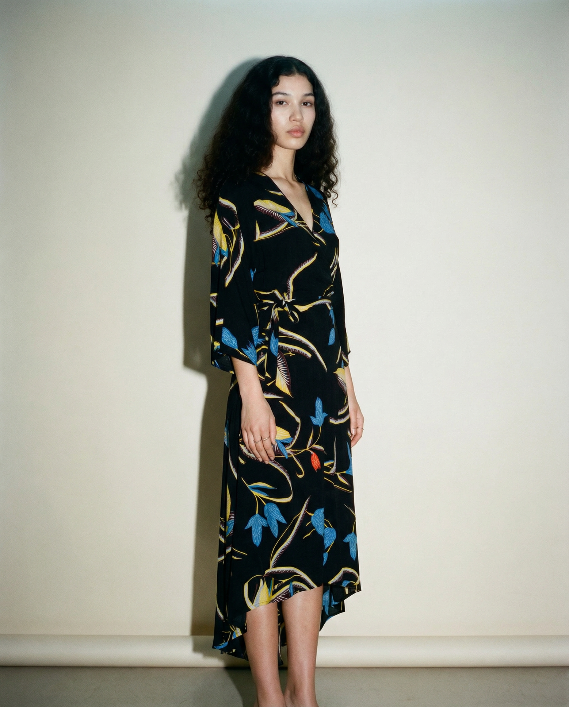 Black Silk Print Wrap Dress