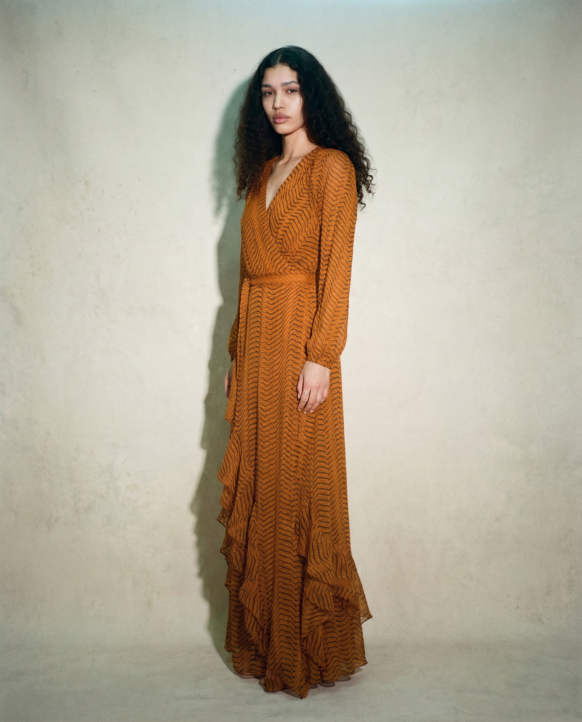 Zebra‑Stripe Wrap Maxi Dress