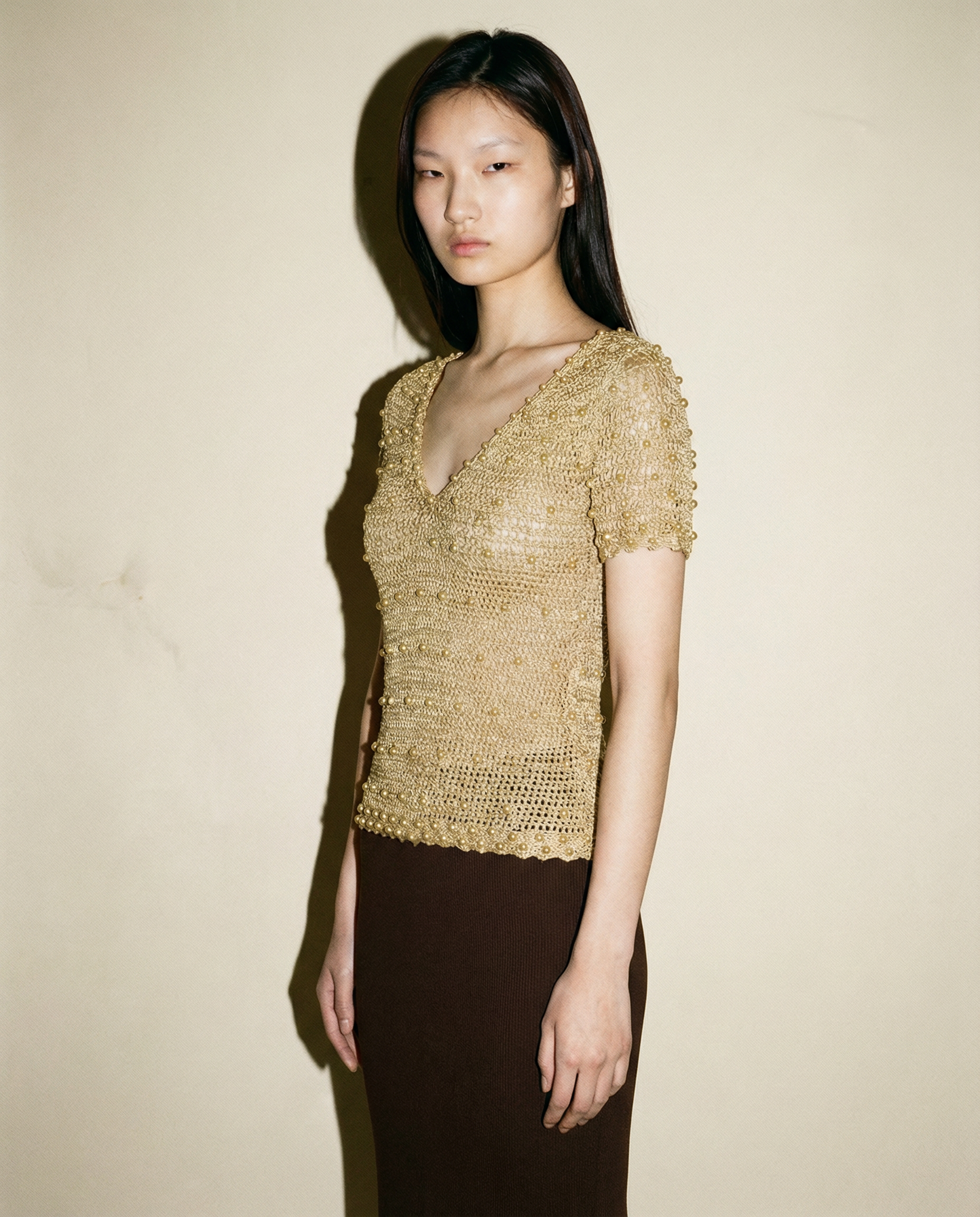 Top de croché con Lurex y abalorios — Dorado, Época circa años 70