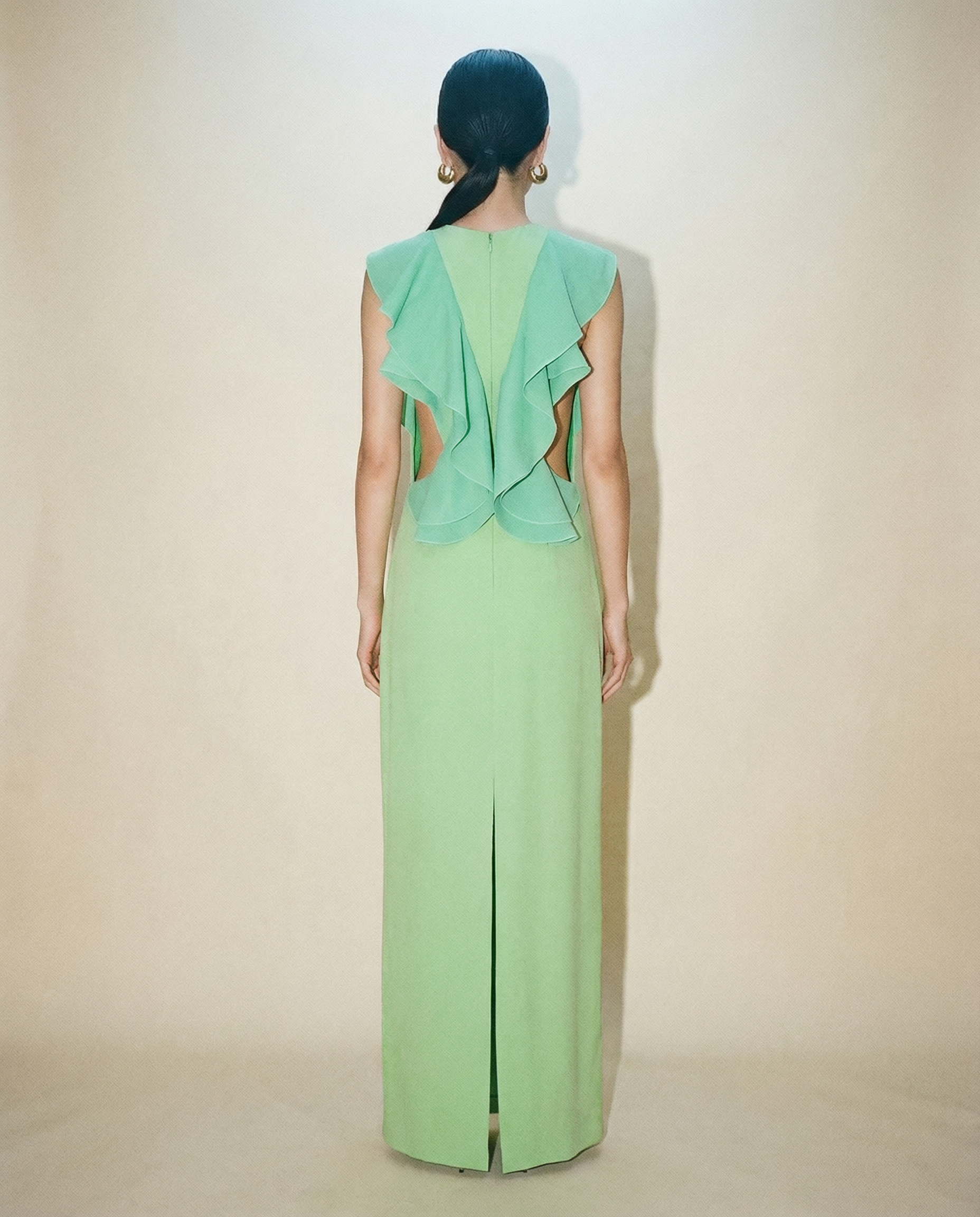 Silk Column Evening Dress — Ruffled High Neck Sculptural Silhouette