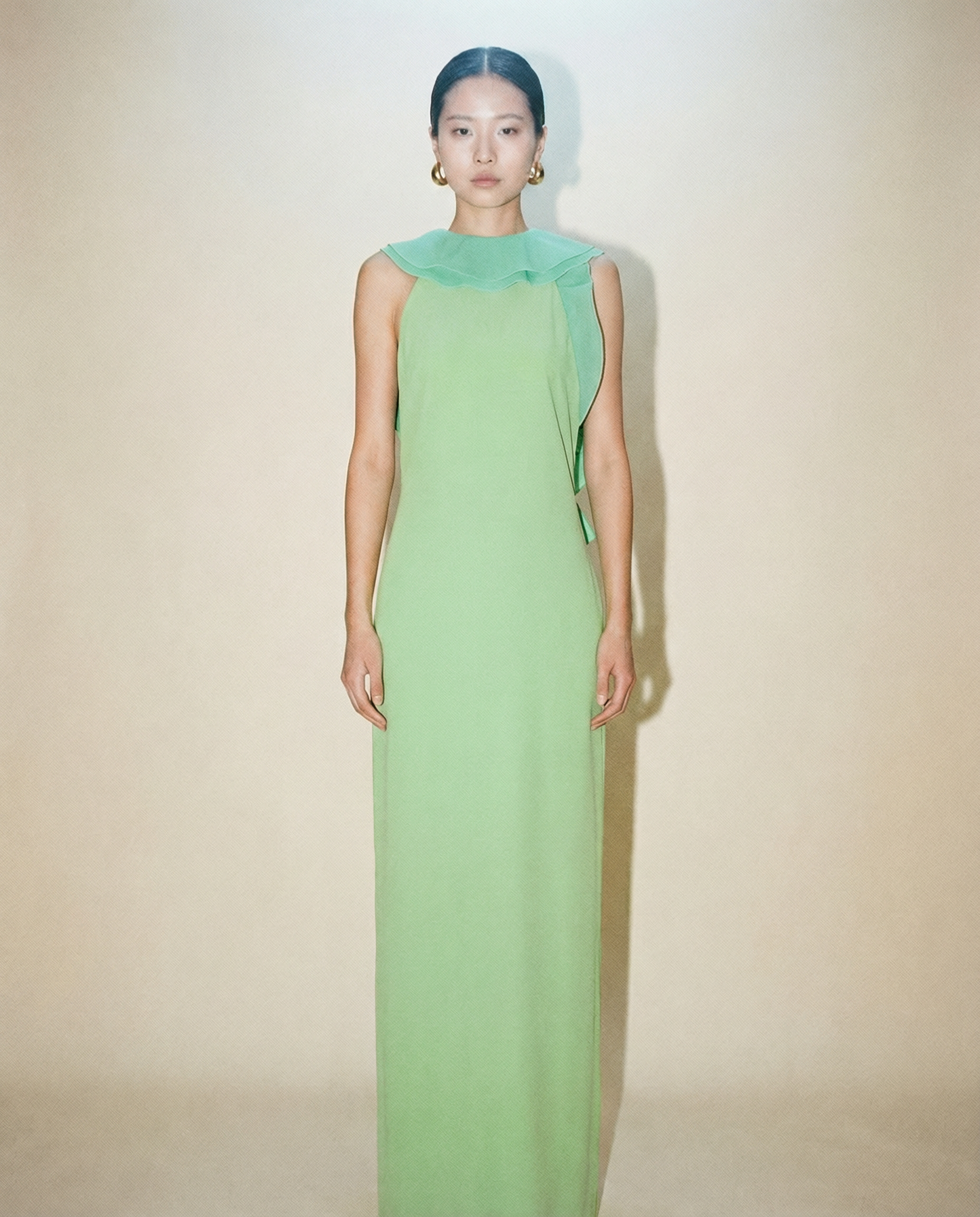 Silk Column Evening Dress — Ruffled High Neck Sculptural Silhouette