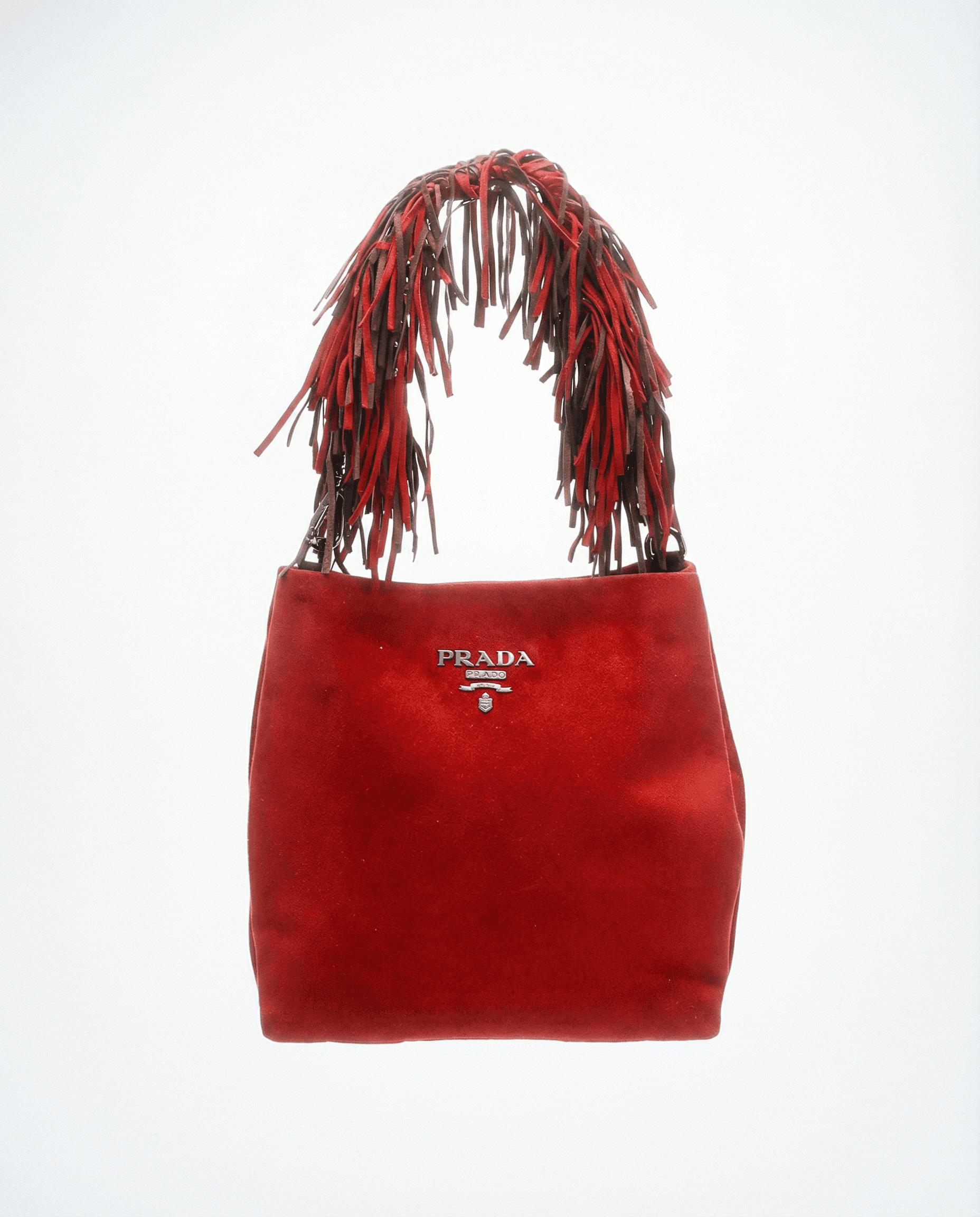 Red Prada bag with brown fringe strap and silver logo detail