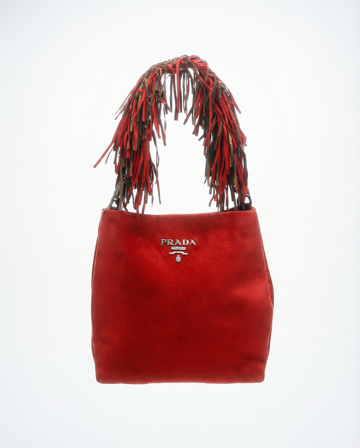 Red Prada bag with brown fringe strap and silver logo detail