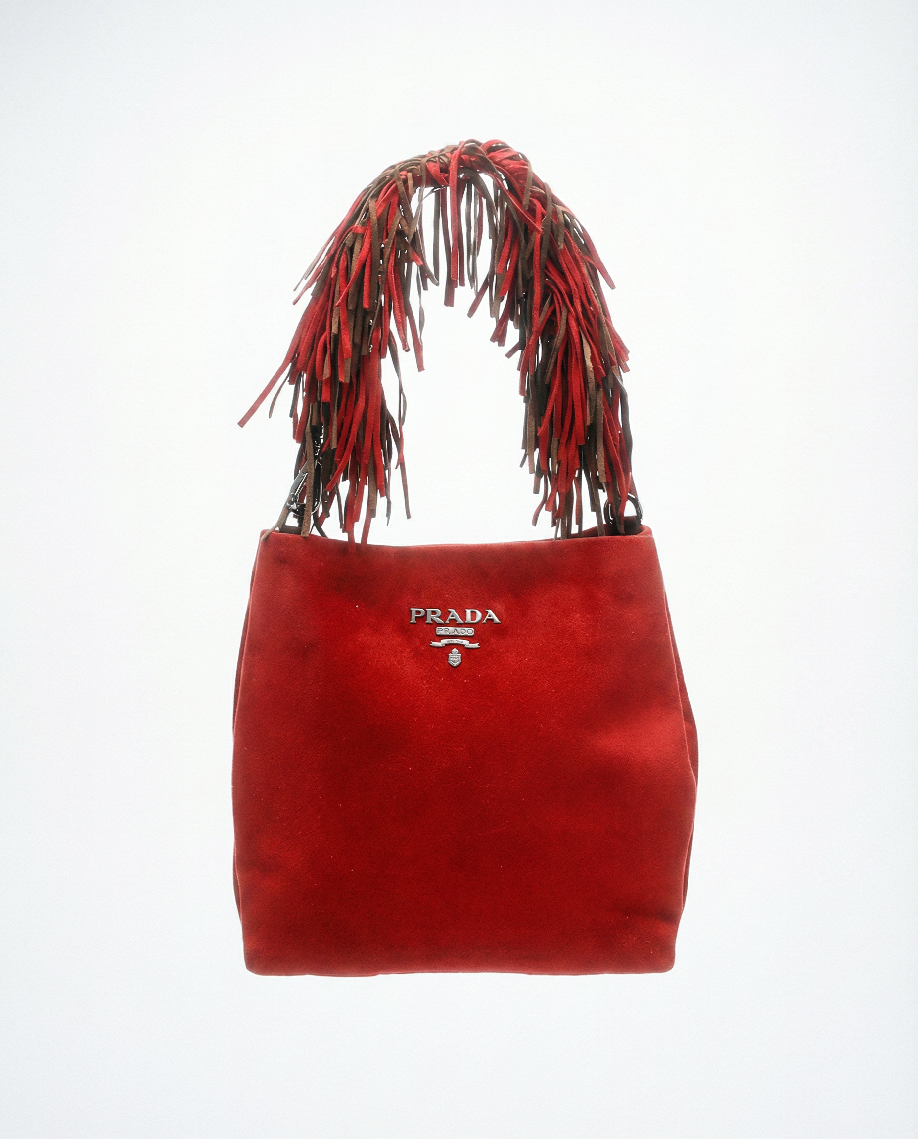 Red Prada bag with brown fringe strap and silver logo detail