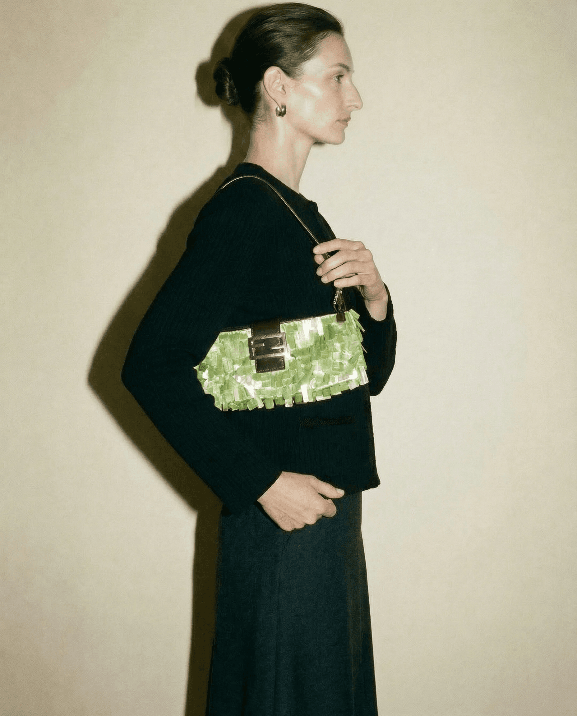 Vintage Fendi Baguette shoulder bag in green mother-of-pearl shell mosaic with FF logo clasp and brown leather strap