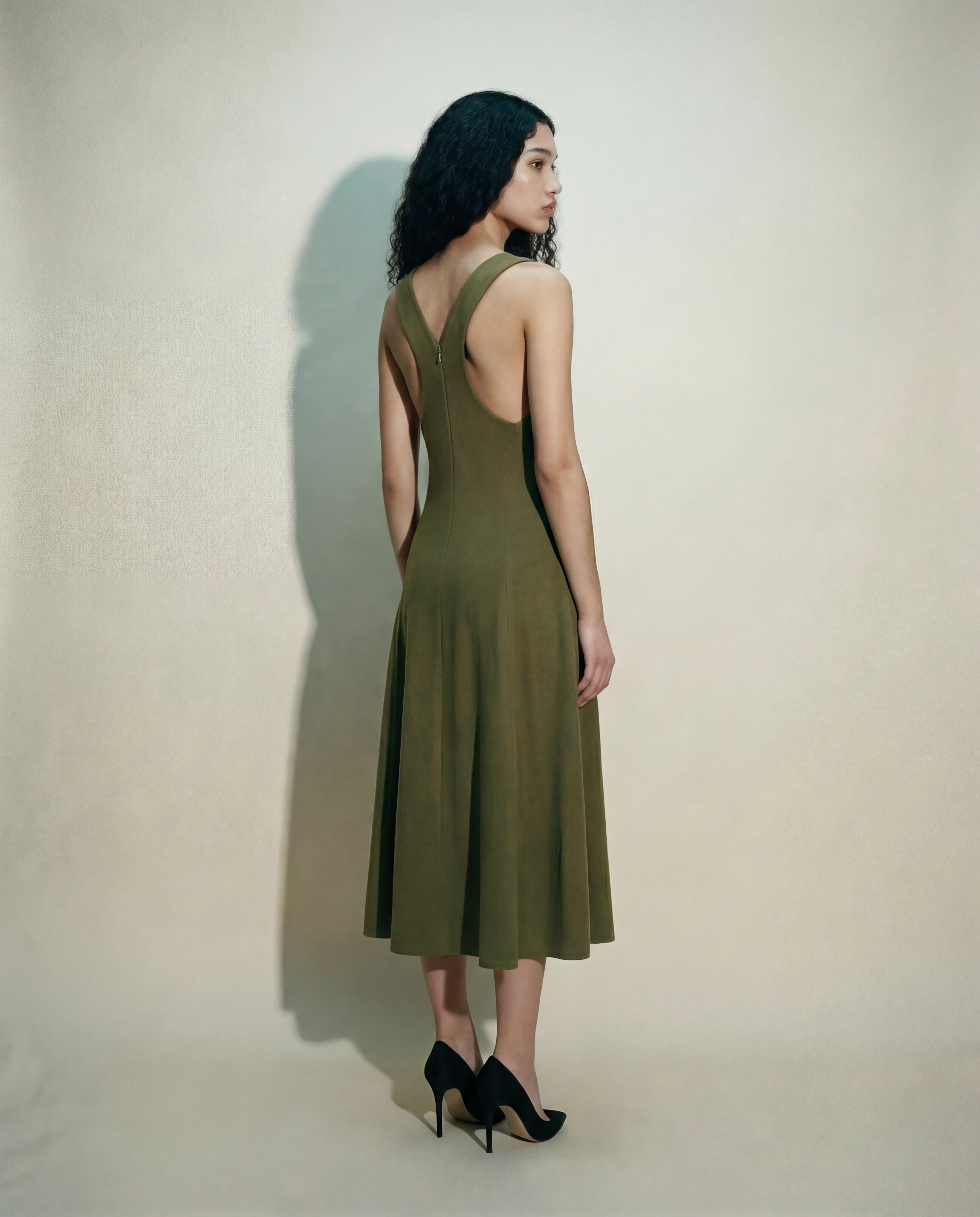Structured A-Line Midi Dress — Minimal Sculptural Silhouette