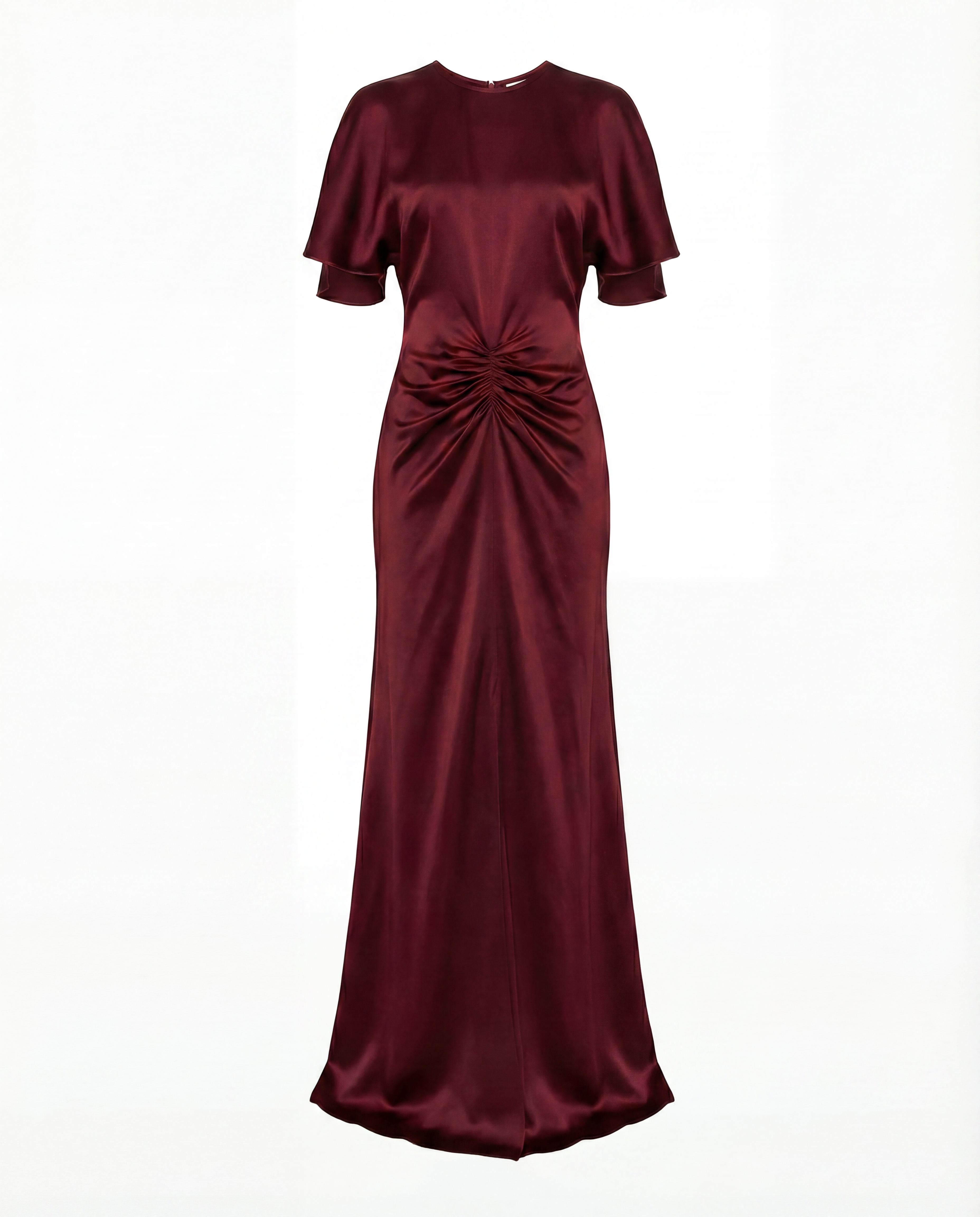 Gathered Waist Satin Gown — Deep Red Draped Silhouette