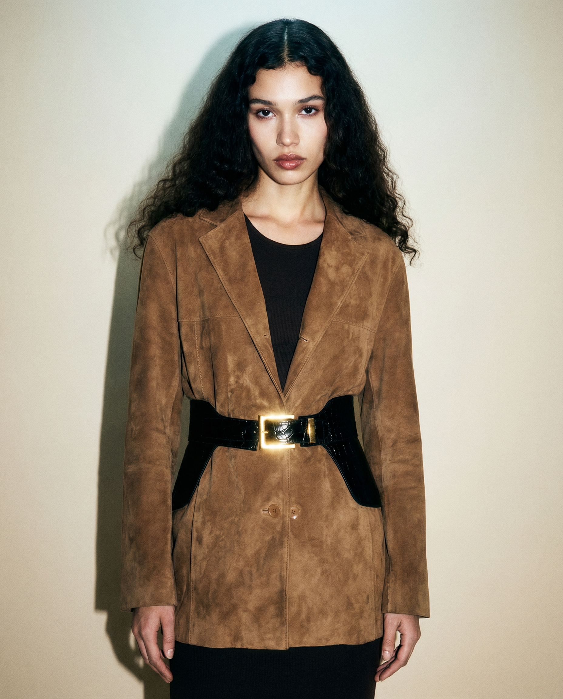 Black croc embossed leather corset belt with wide sculptural silhouette and gold buckle | statement waist belt Mezzanotte Madrid