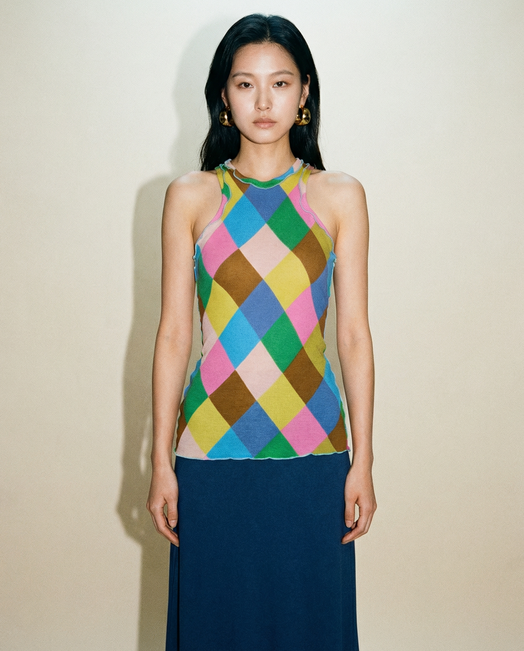 Siedrés Izzy patchwork halter top with multicolour argyle knit pattern | contemporary designer top Mezzanotte Madrid