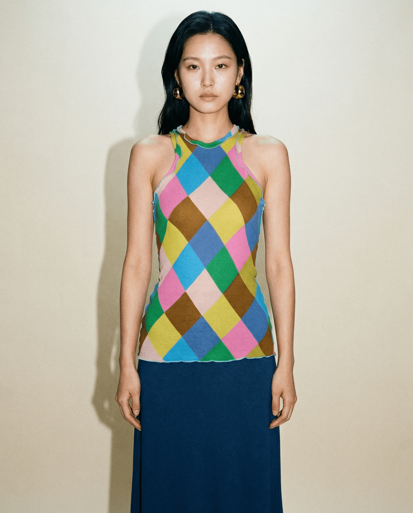 Siedrés Izzy patchwork halter top with multicolour argyle knit pattern | contemporary designer top Mezzanotte Madrid