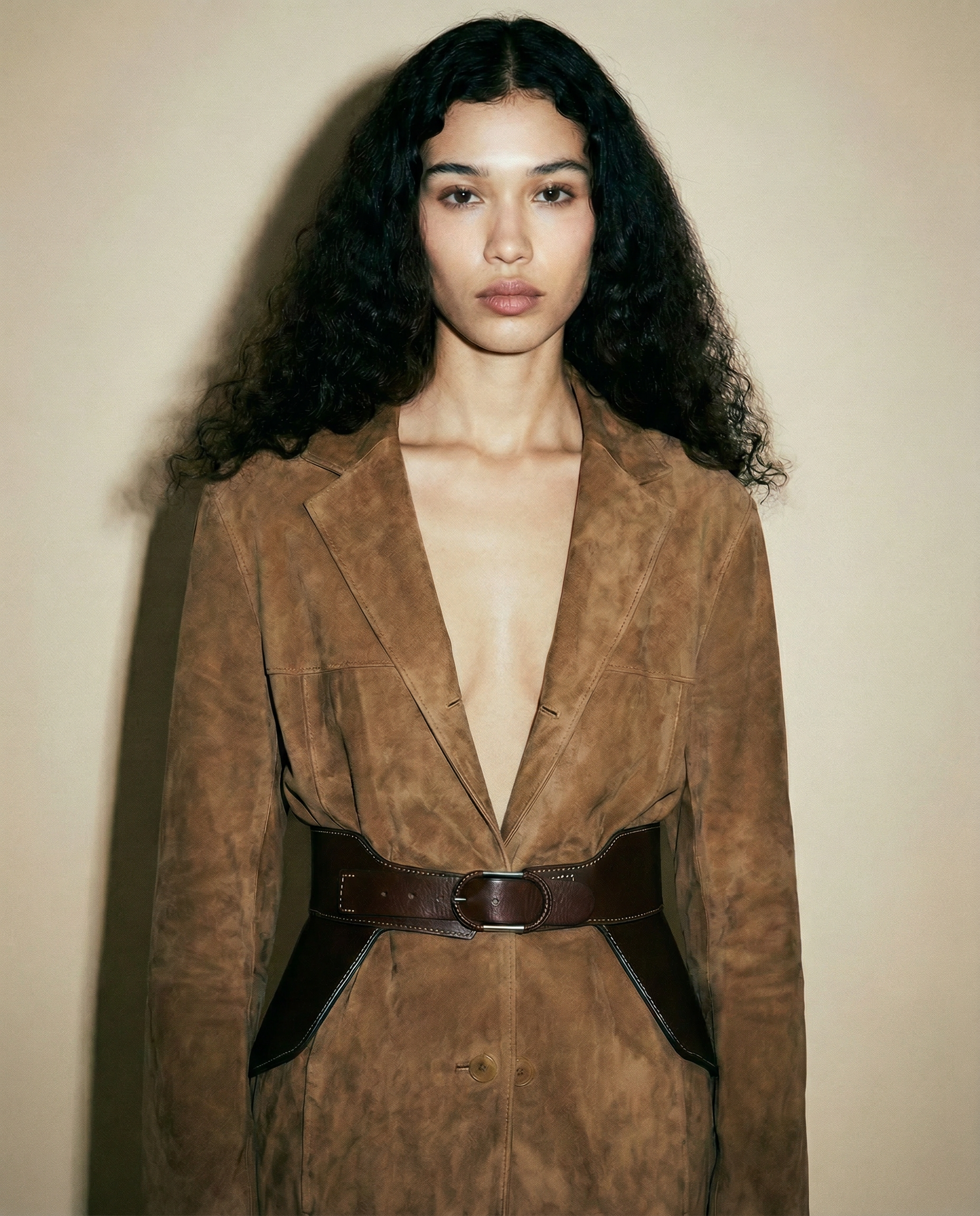 Uterqüe vintage wide brown leather corset belt with sculptural panels and oval buckle | designer accessory Mezzanotte Madrid