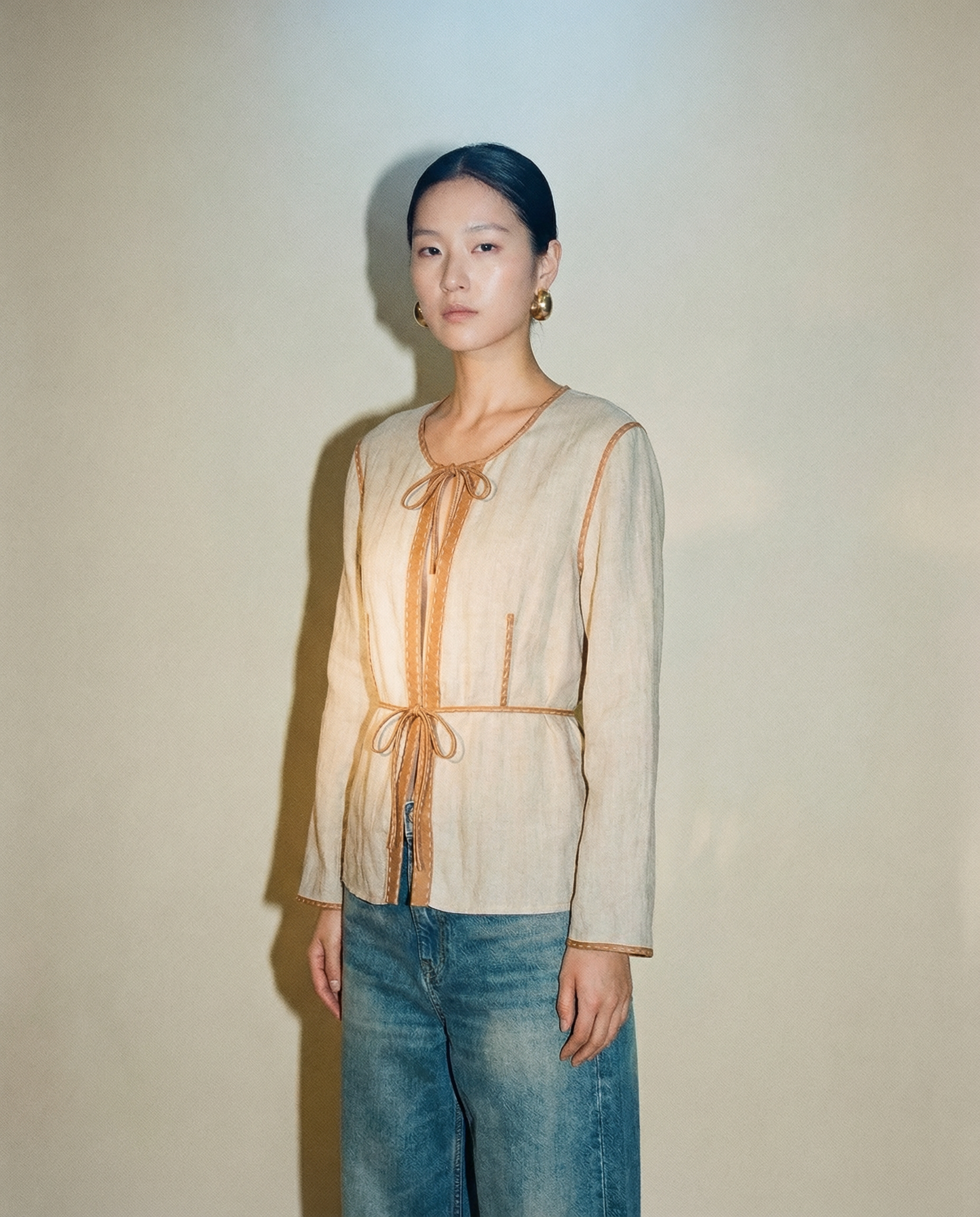 Vintage Fendi gradient linen jacket with leather trim and waist ties | archival Lagerfeld era fashion