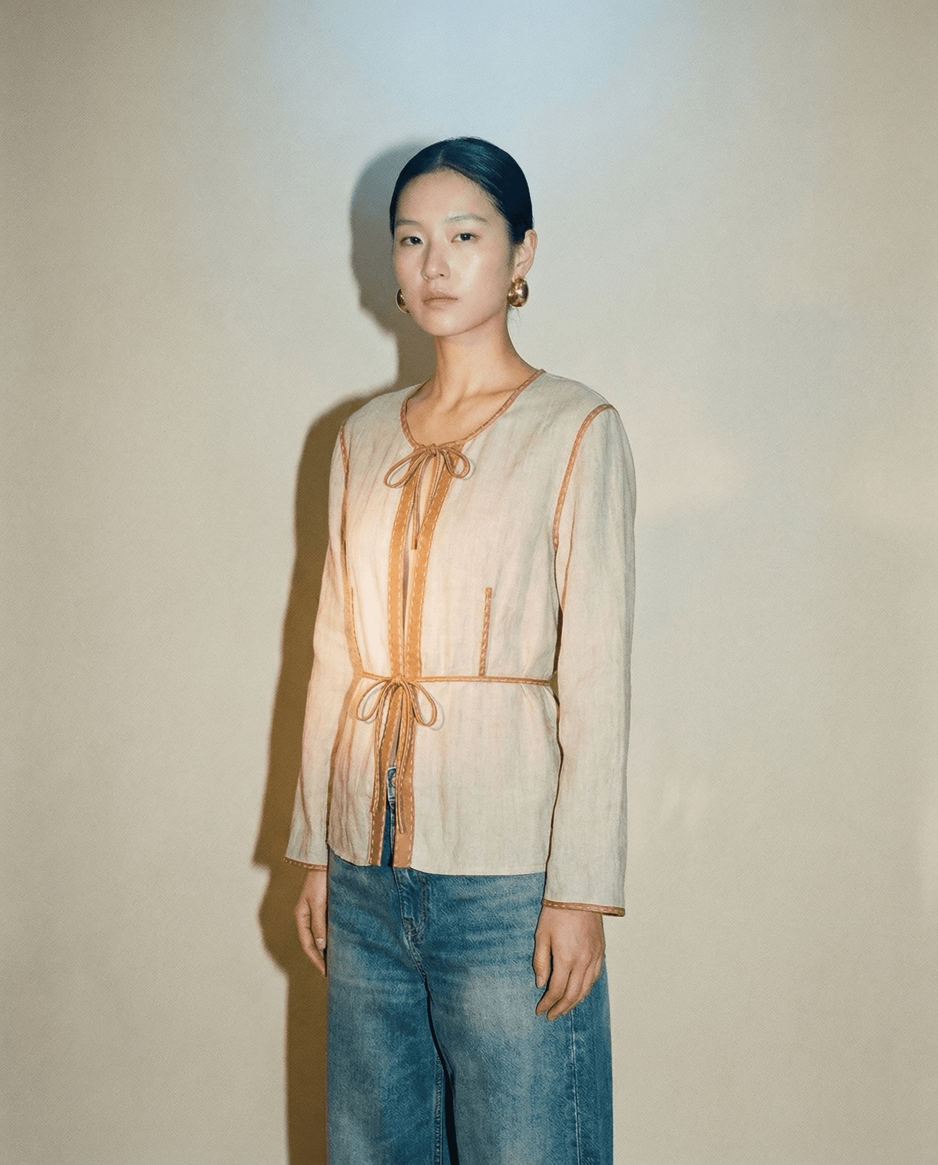 Vintage Fendi gradient linen jacket with leather trim and waist ties | archival Lagerfeld era fashion