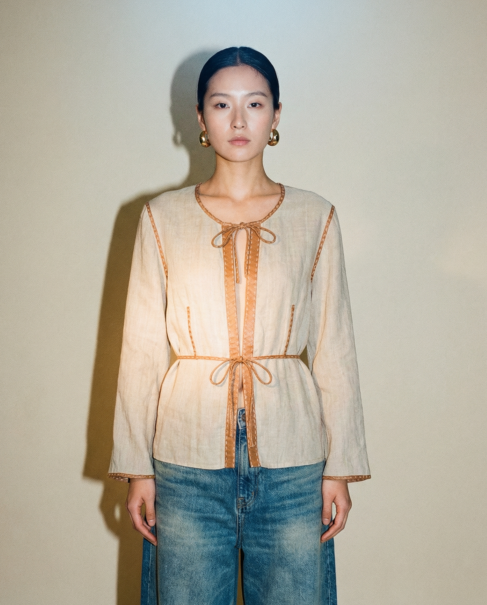 Fendi vintage linen tie jacket with gradient effect and leather trim | early 2000s designer jacket Mezzanotte Madrid