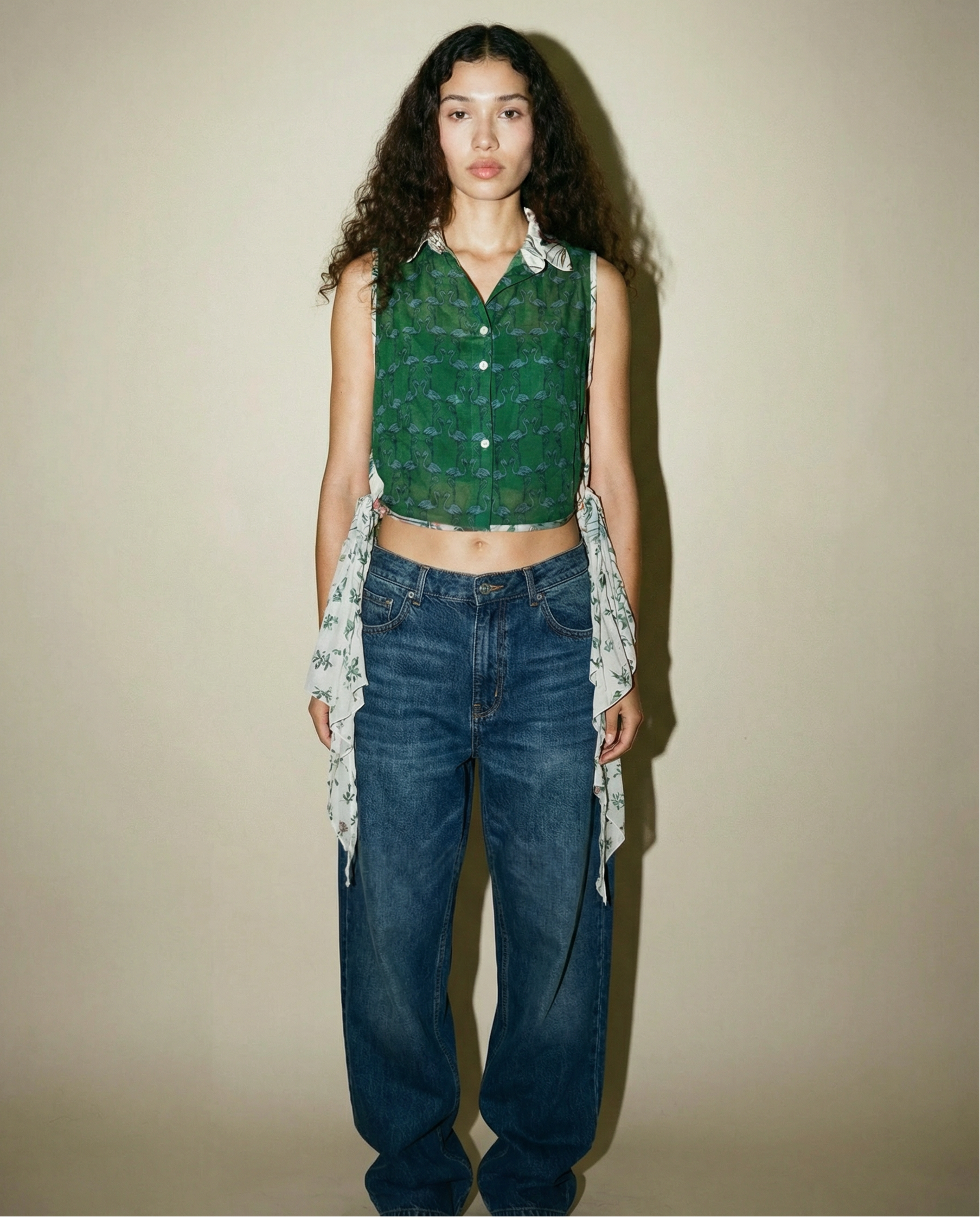 Perluchi reversible silk top in green with multicolour print and side ties | neo artisanal designer top Mezzanotte Madrid