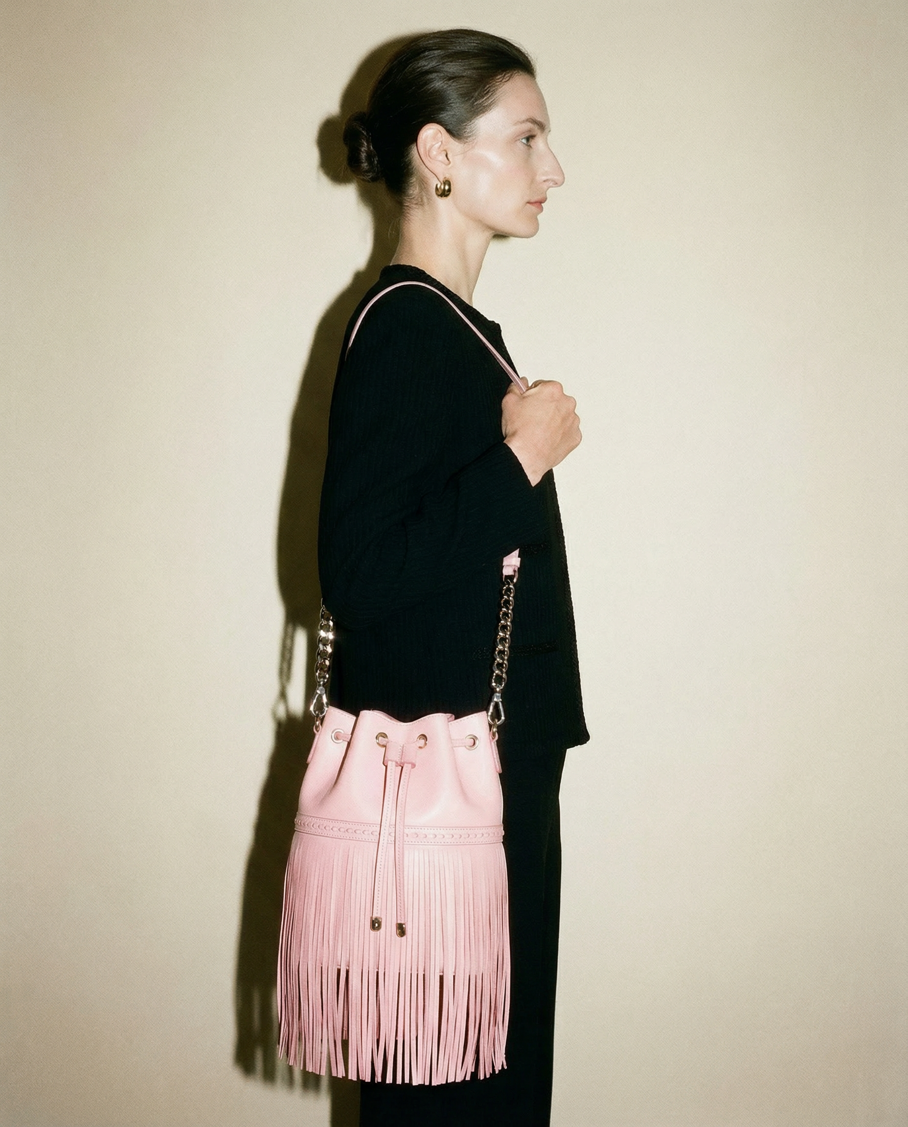 J&M Davidson Fringe Carnival Mini bag in pink leather with long fringe and silver chain Mezzanotte Madrid