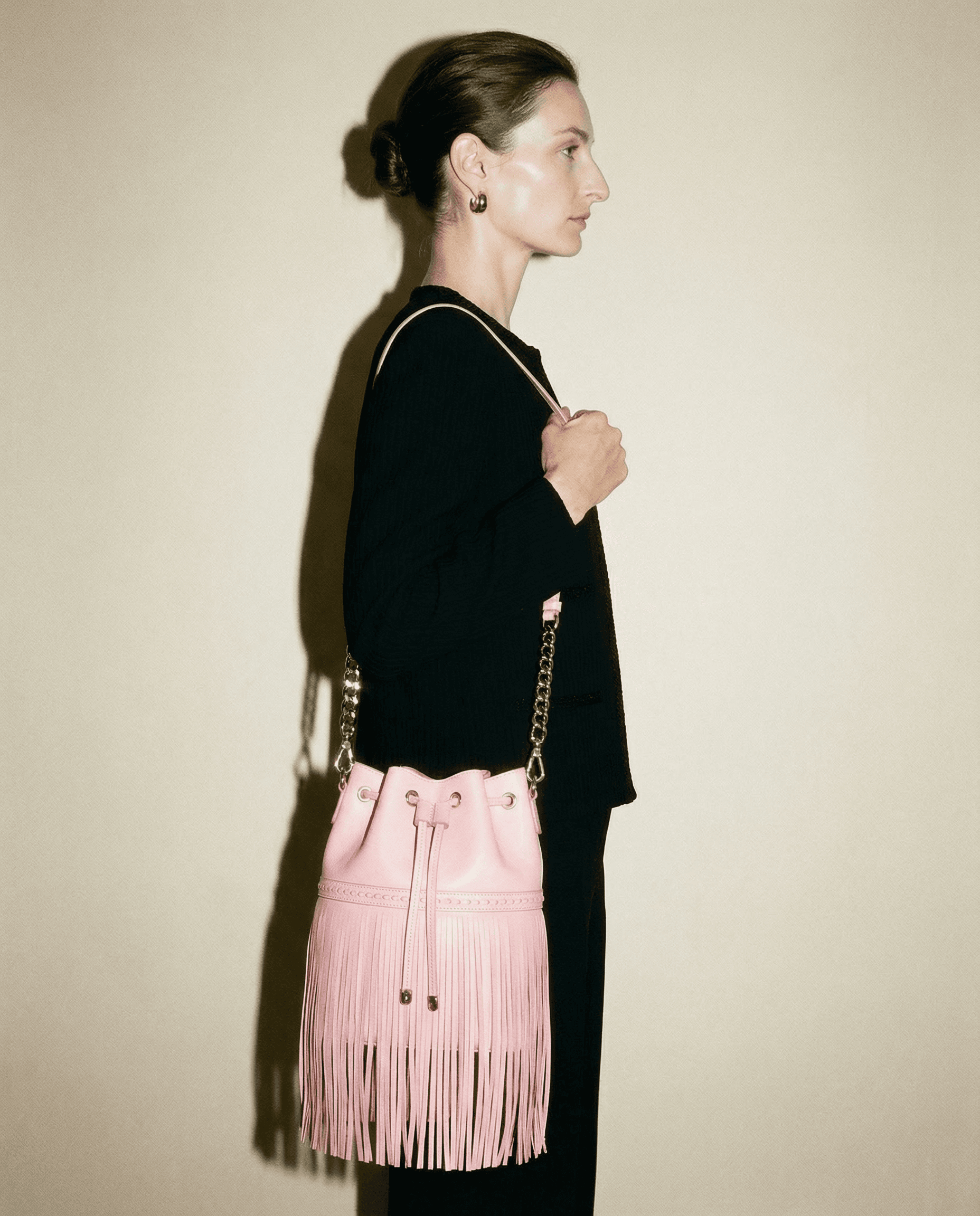 J&M Davidson Fringe Carnival Mini bag in pink leather with long fringe and silver chain Mezzanotte Madrid