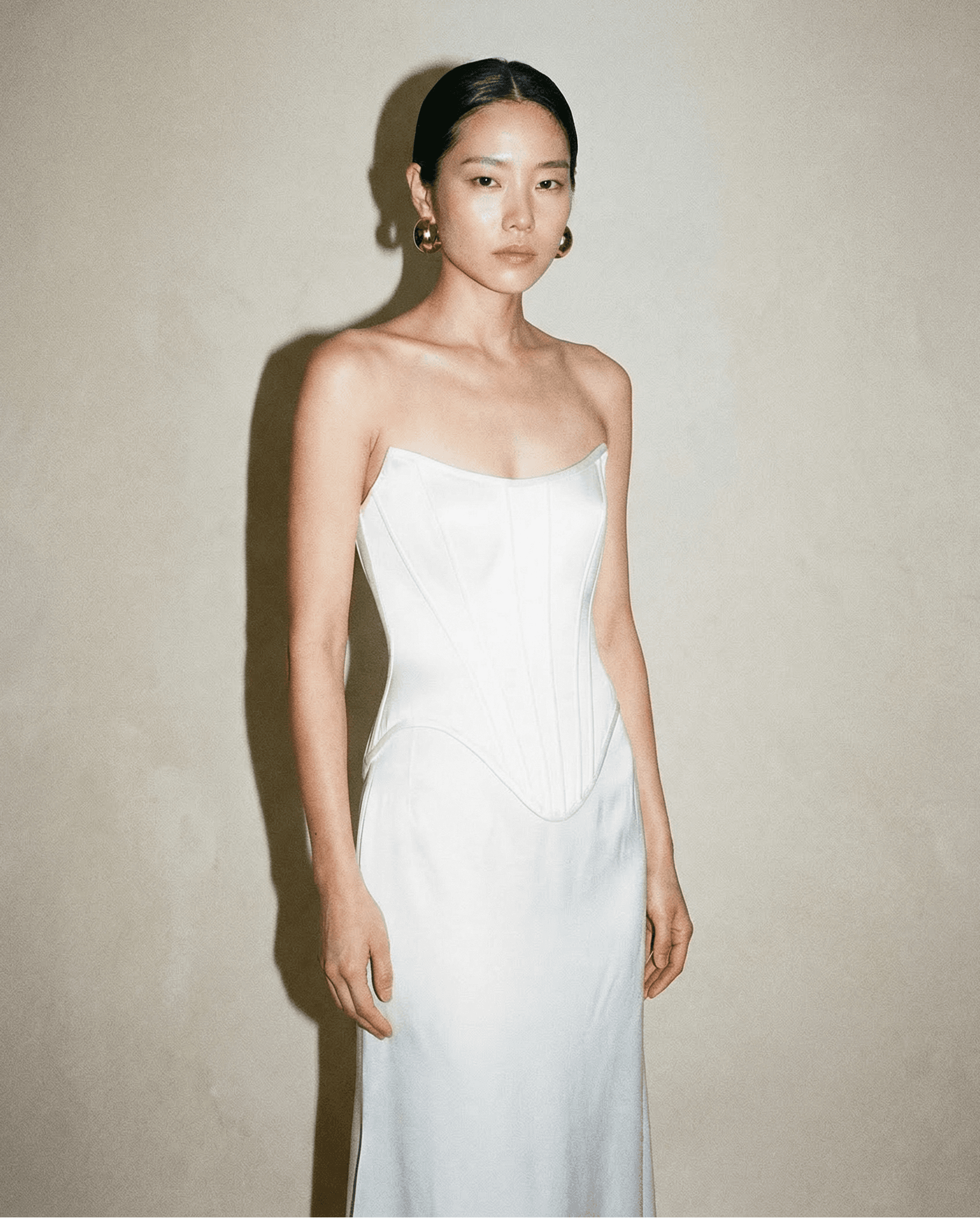 Archival Modernist Bridal Two-Piece – Sculptural Corset & Silk Train Skirt.