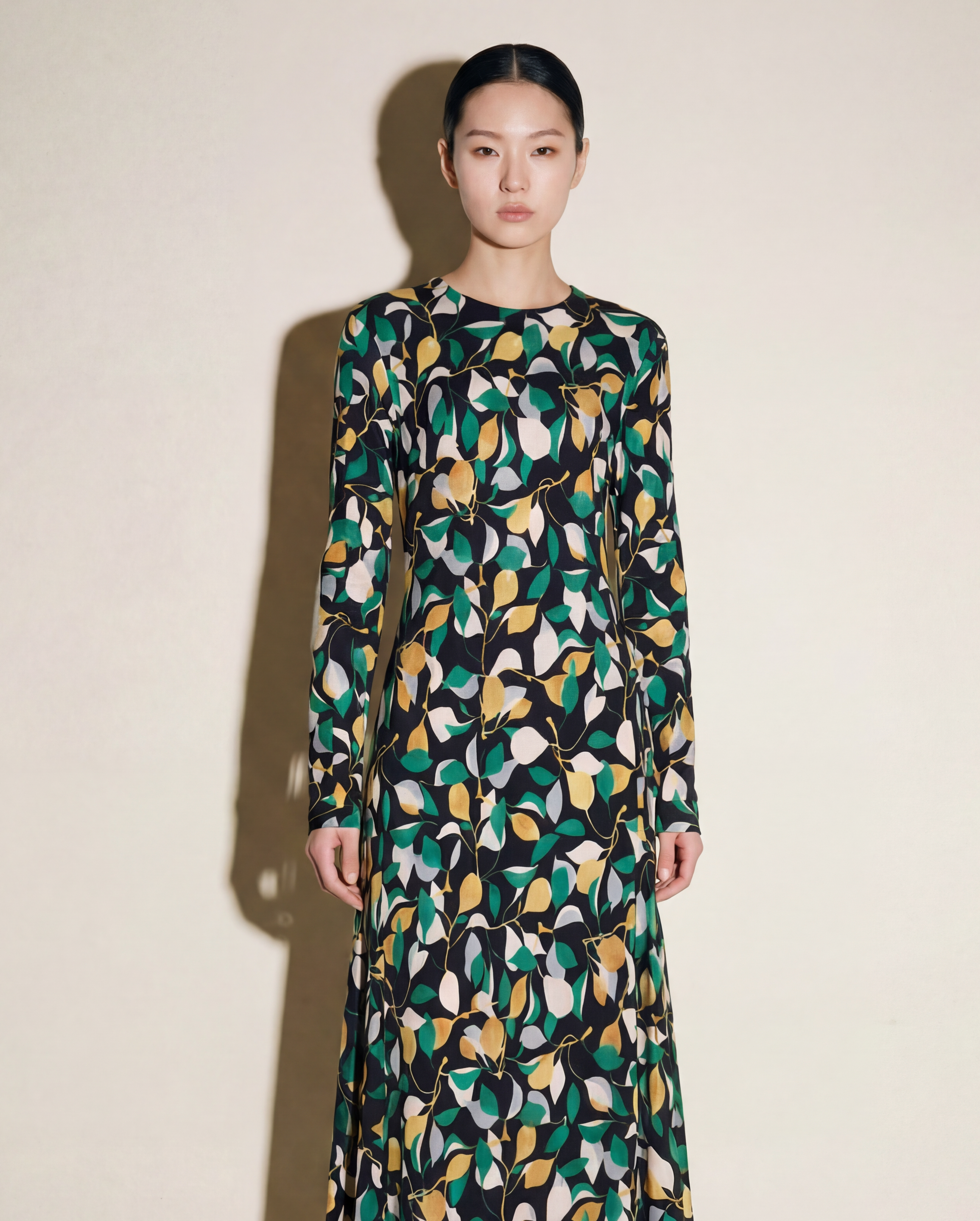 Lemon Print Long‑Sleeve Maxi Dress — Era Contemporary