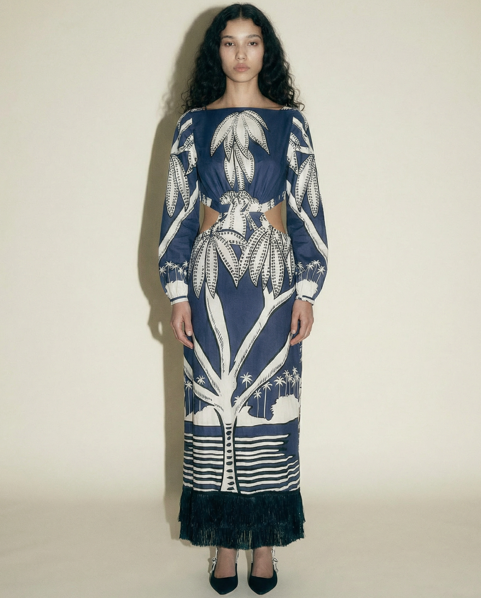 Johanna Ortiz palm print maxi dress with waist cut-outs and fringe hem Mezzanotte Madrid