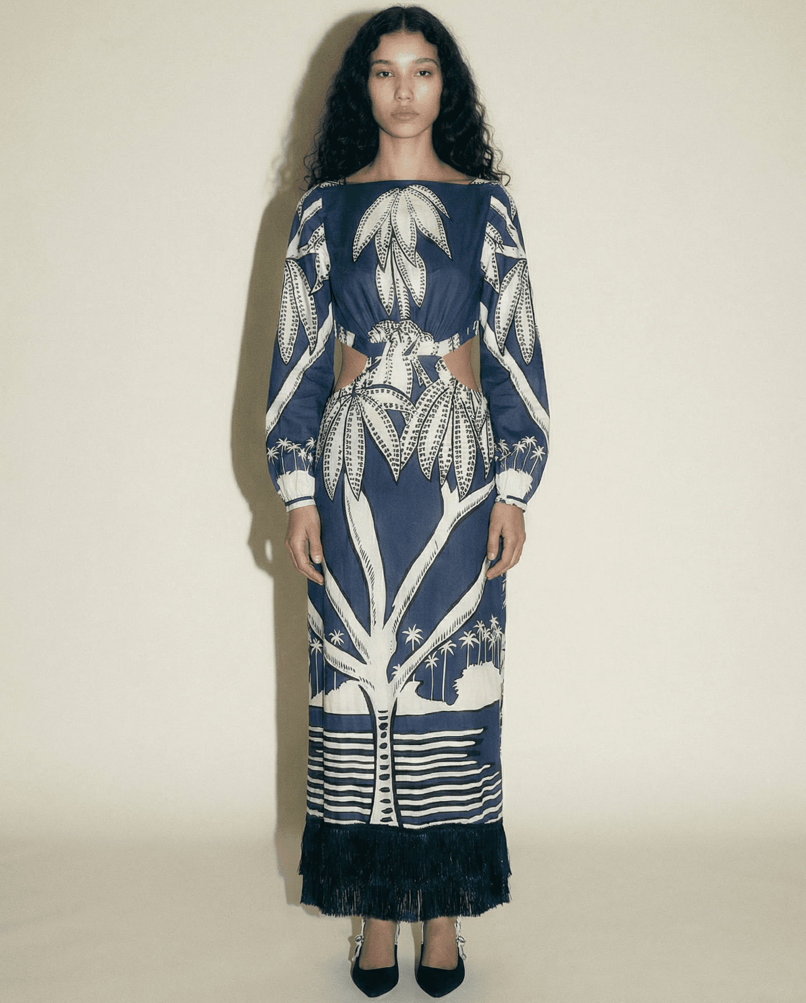 Johanna Ortiz palm print maxi dress with waist cut-outs and fringe hem Mezzanotte Madrid