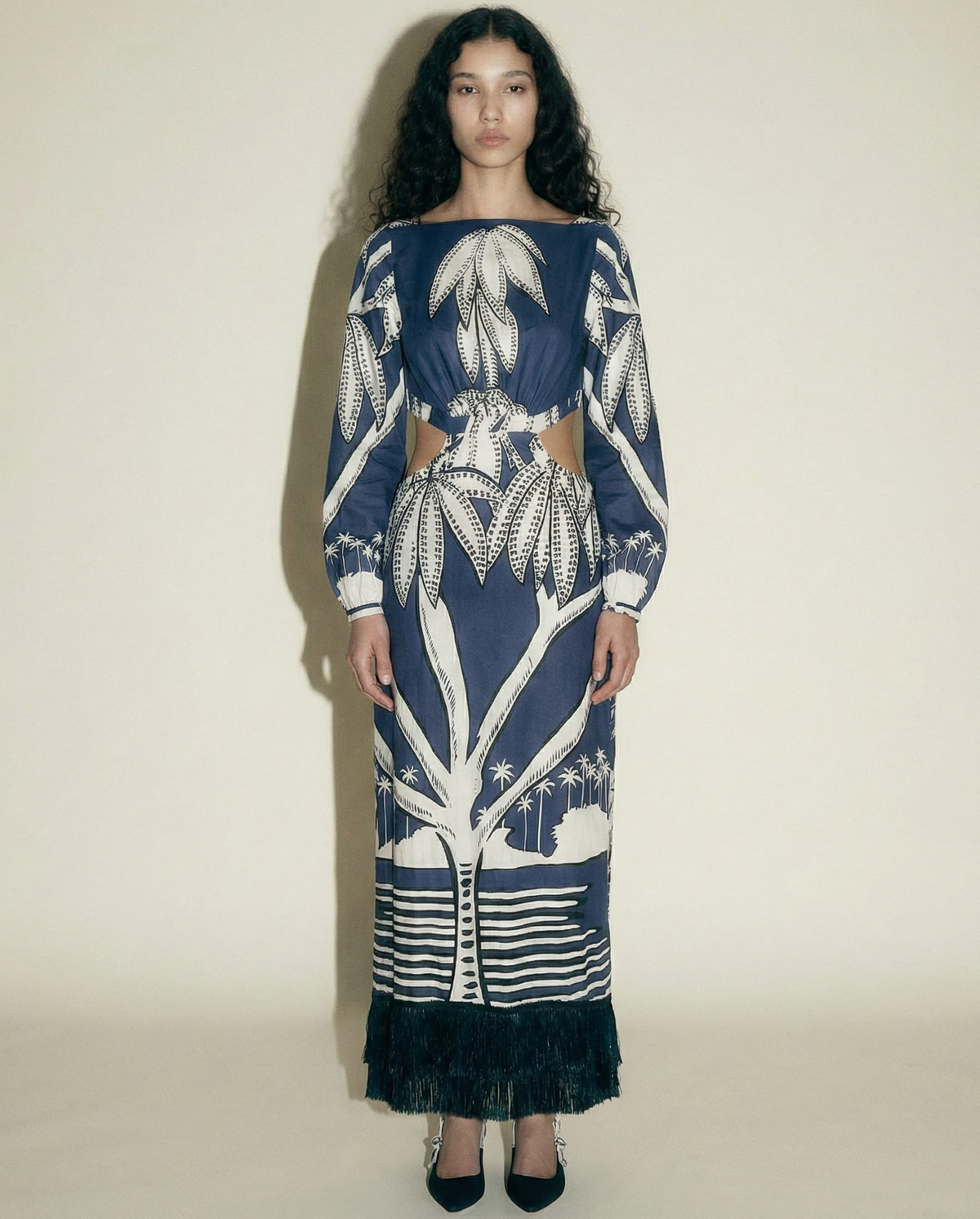 Johanna Ortiz palm print maxi dress with waist cut-outs and fringe hem Mezzanotte Madrid