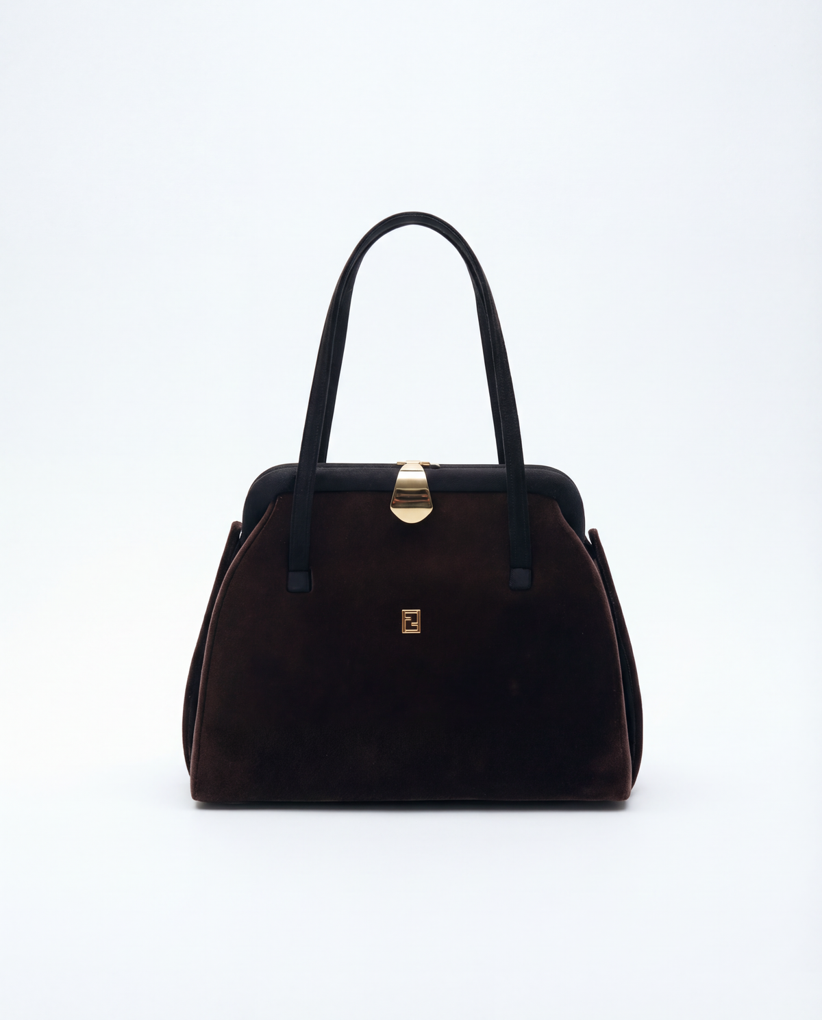 Vintage Fendi 1980s bag with chocolate brown velvet and structured gold frame top handle