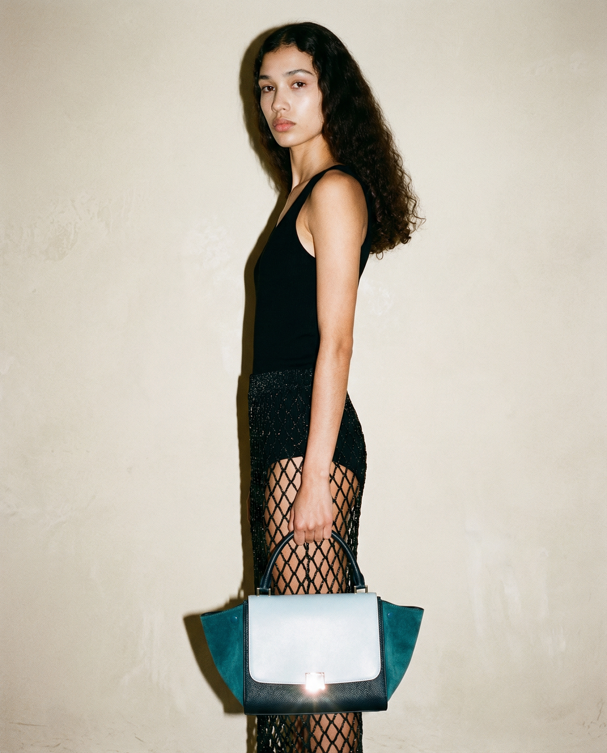 Celine Trapeze bag in tricolor leather and suede with winged sides Phoebe Philo design Mezzanotte Madrid