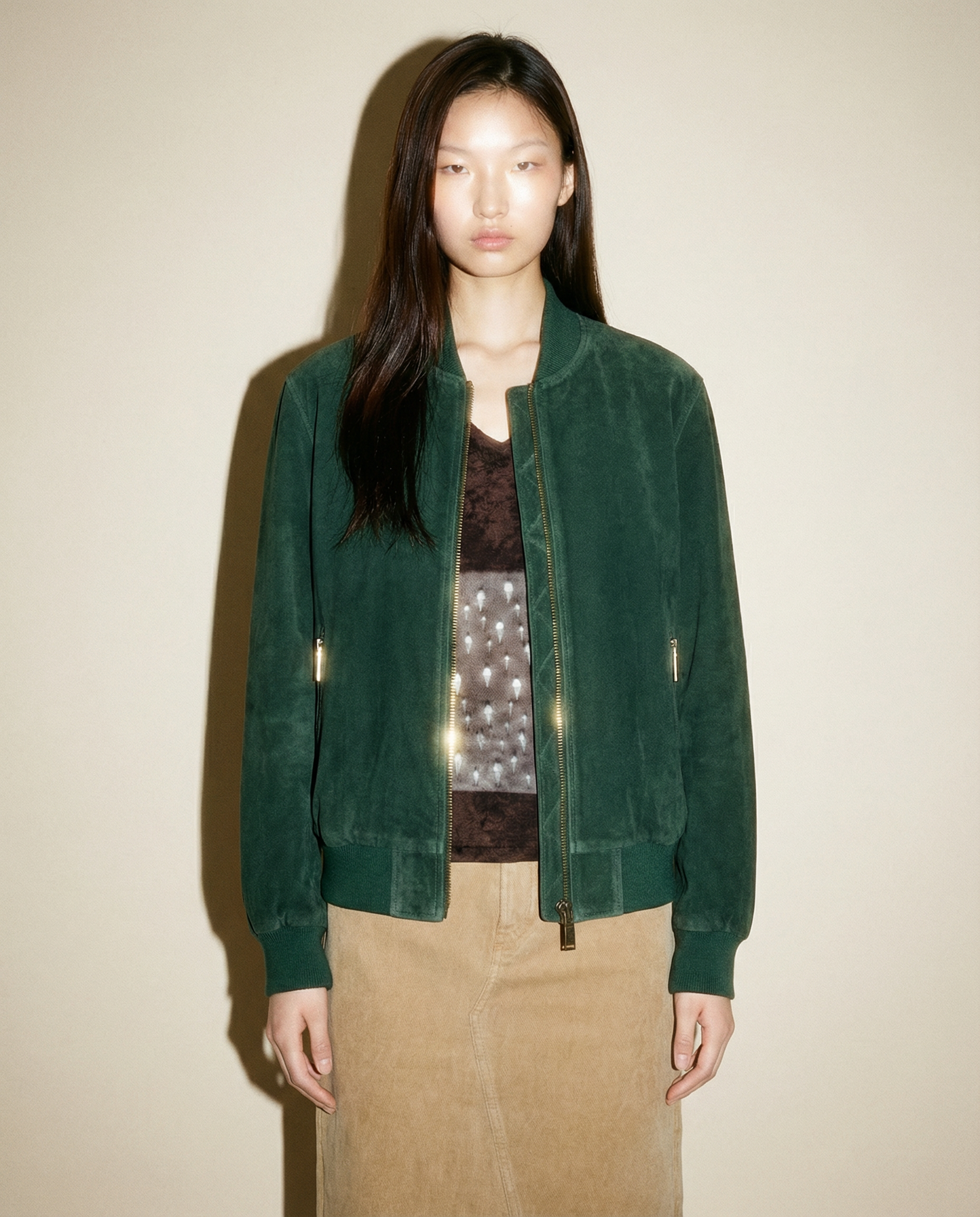 Forest Green Suede Bomber Jacket with Patterned Lining