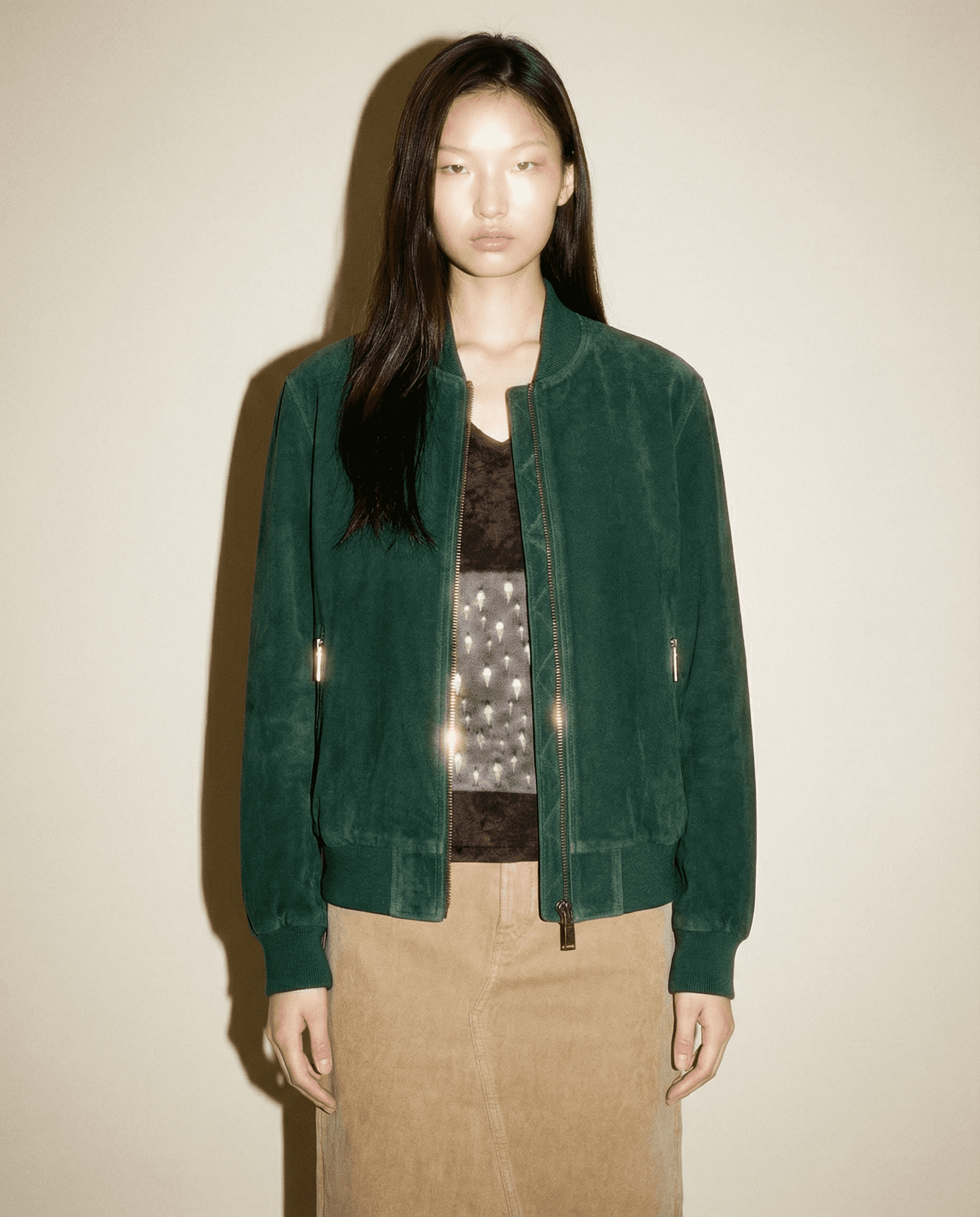 Forest Green Suede Bomber Jacket with Patterned Lining.