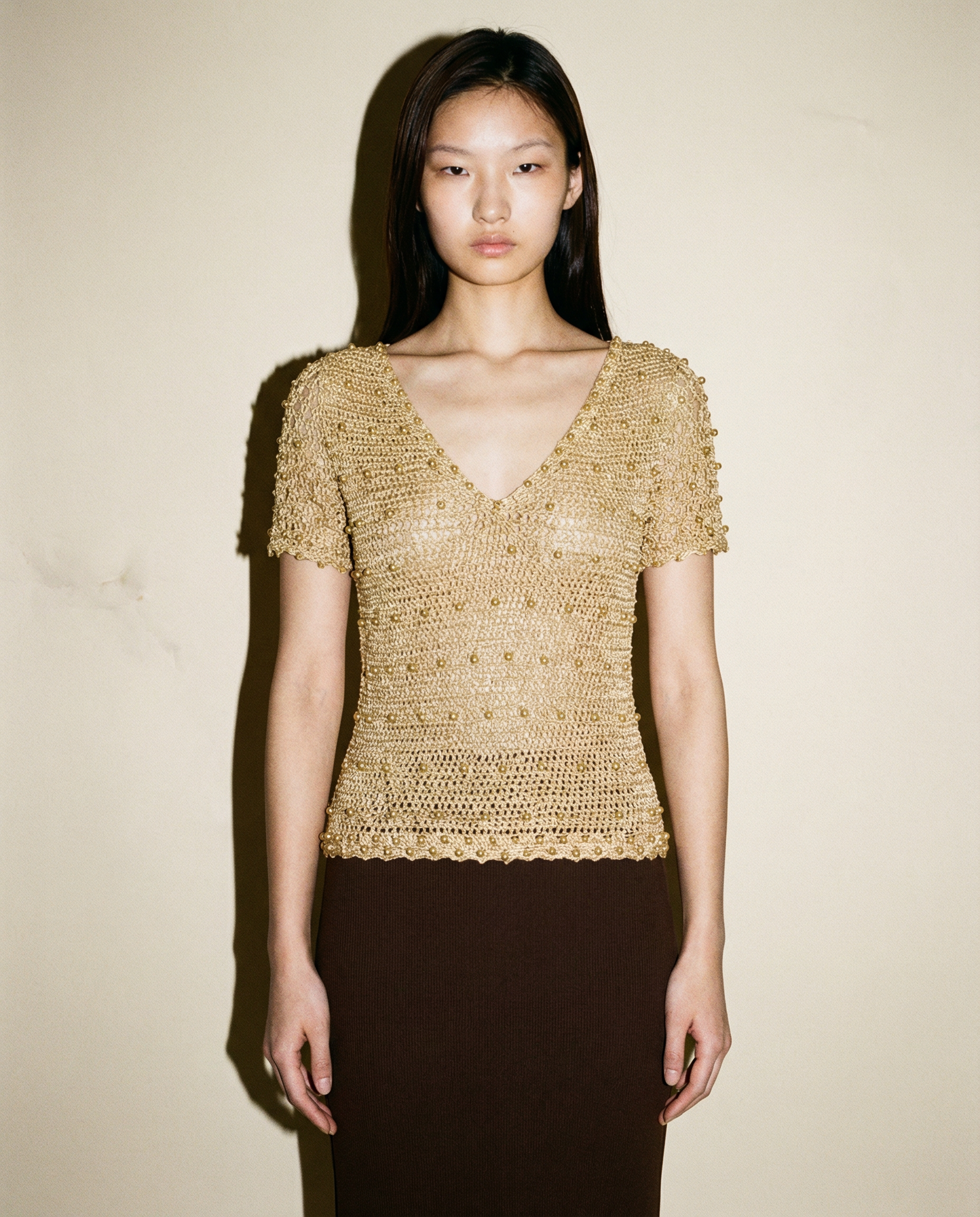 Crocheted Lurex Beaded Top — Gold, Era circa 1970s