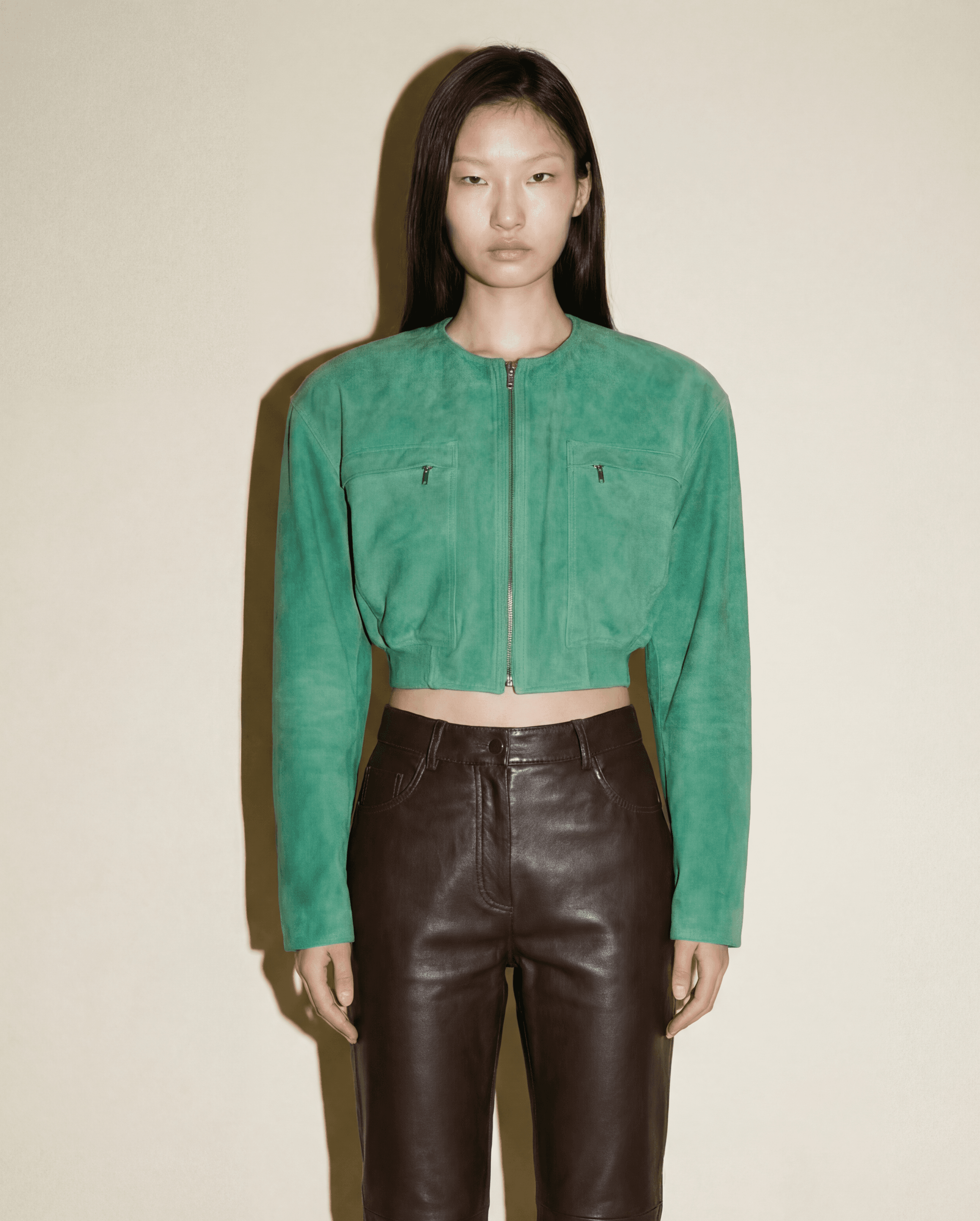 Gianni Versace green suede cropped jacket with front zip vintage 90s Mezzanotte Madrid