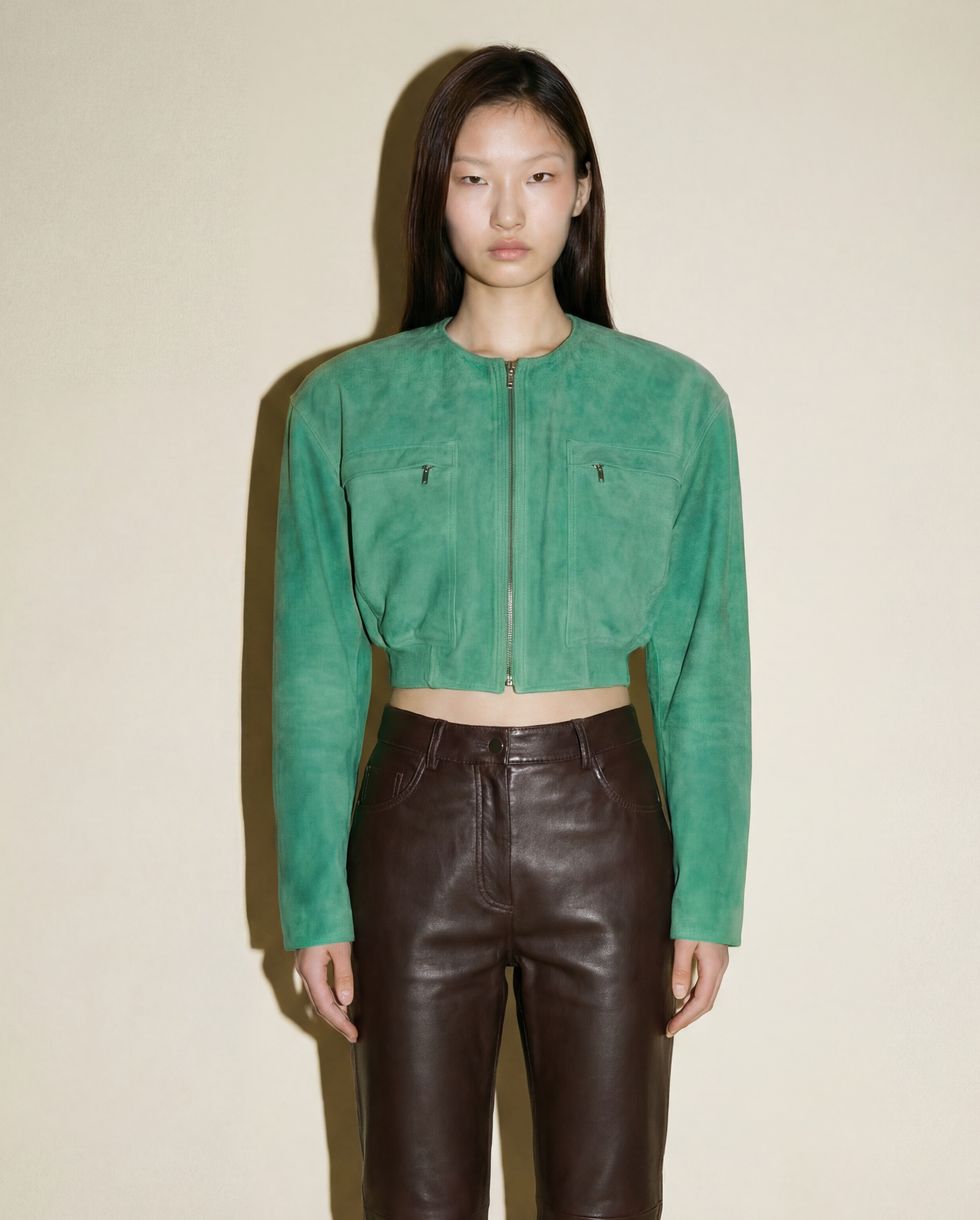 CROPPED HEADS 緑色ベルベットジャケット Gianni Versace Suede Cropped Jacket 90s | Vintage Green Leather